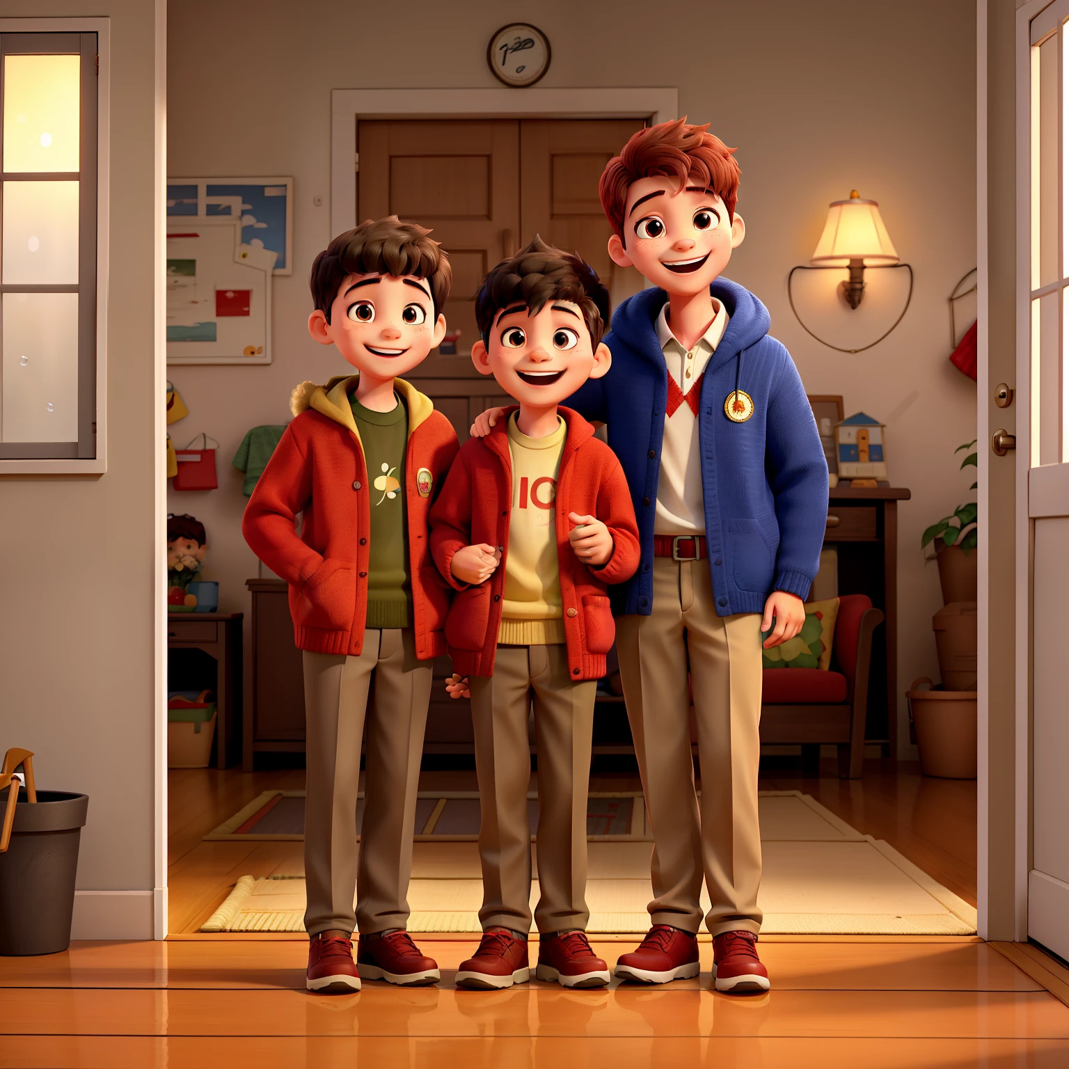 Boy with a bright smile on his face, dressed in a red sweater and khaki pants, stands at the doorstep of his house as his parents approach. The warm light from the porch lamp illuminates his radiant expression. His parents, both wearing raincoats, walk towards him under the gentle drizzle, their faces lighting up with joy and love as they embrace him tightly. The sound of their laughter fills the air, intermingling with the distant rhythm of raindrops on the roof. The boy's heart swells with happiness, cherishing every moment spent with his beloved parents.