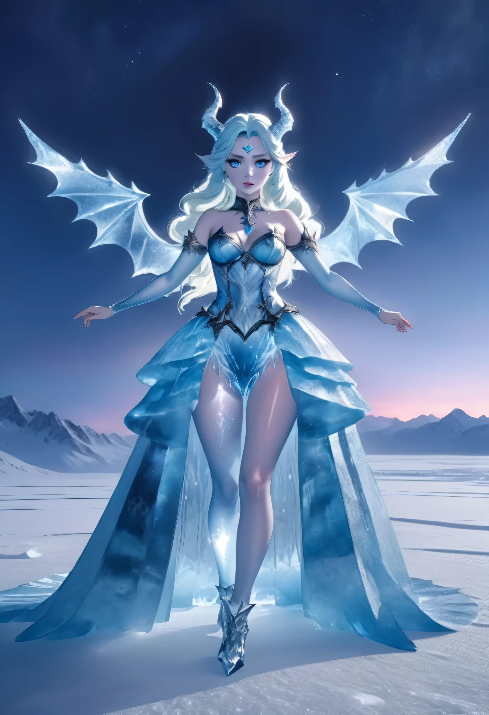 (8k, highest quality, masterpiece: 1.2), (realistic, realistic: 1.37), Super detailed, ((an ice female sexy demon:1))、Standing in the frozen snow field、Witch wearing pale armor, ((sexy costume:1)), SEXY female devil, ((aurora in the night sky)),  ((pale blue skin:1))