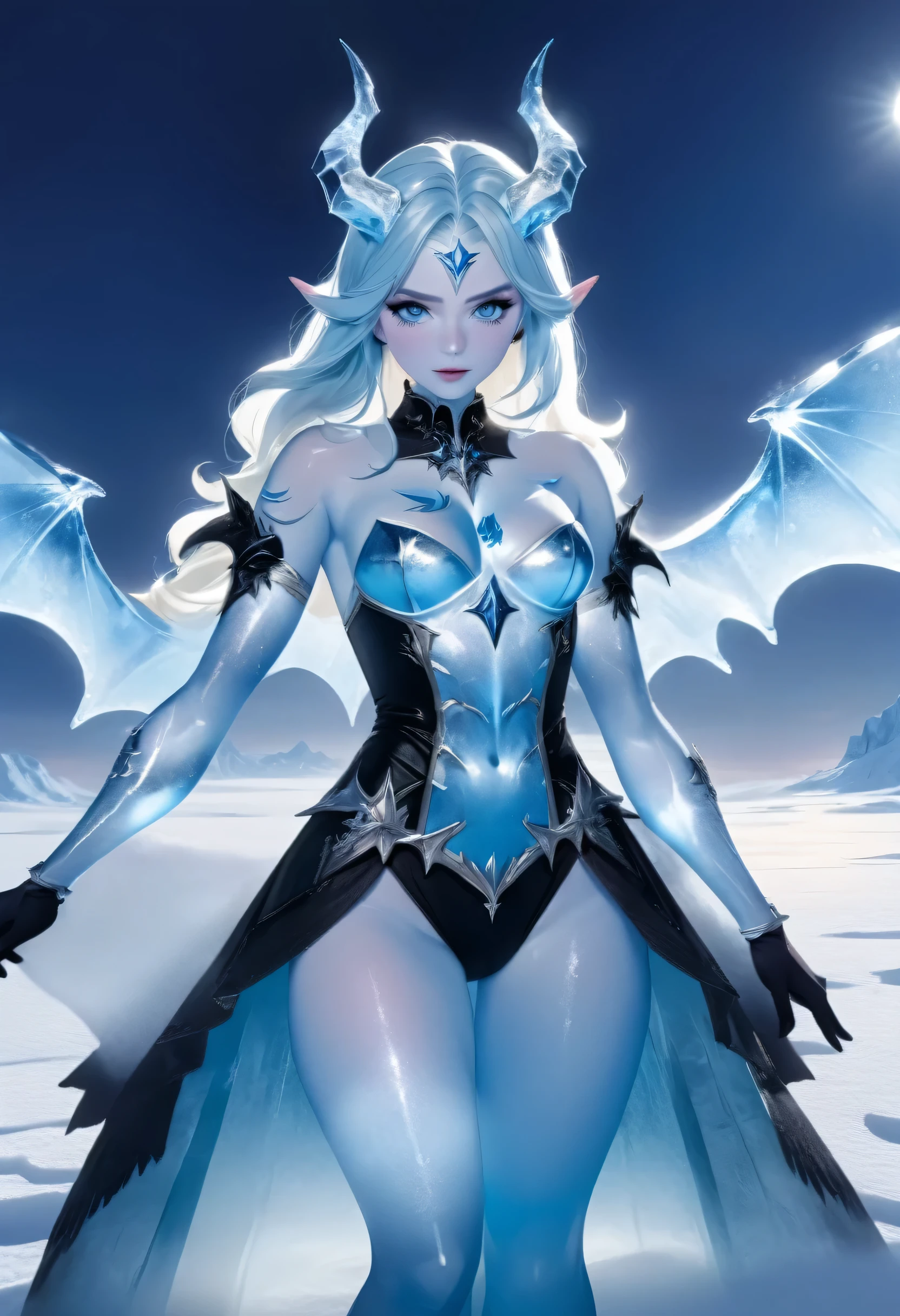 (8k, highest quality, masterpiece: 1.2), (realistic, realistic: 1.37), Super detailed, ((an ice female sexy demon:1))、Standing in the frozen snow field、Witch wearing pale armor, ((sexy costume:1)), SEXY female devil, ((aurora in the night sky)), ((pale blue skin:1))