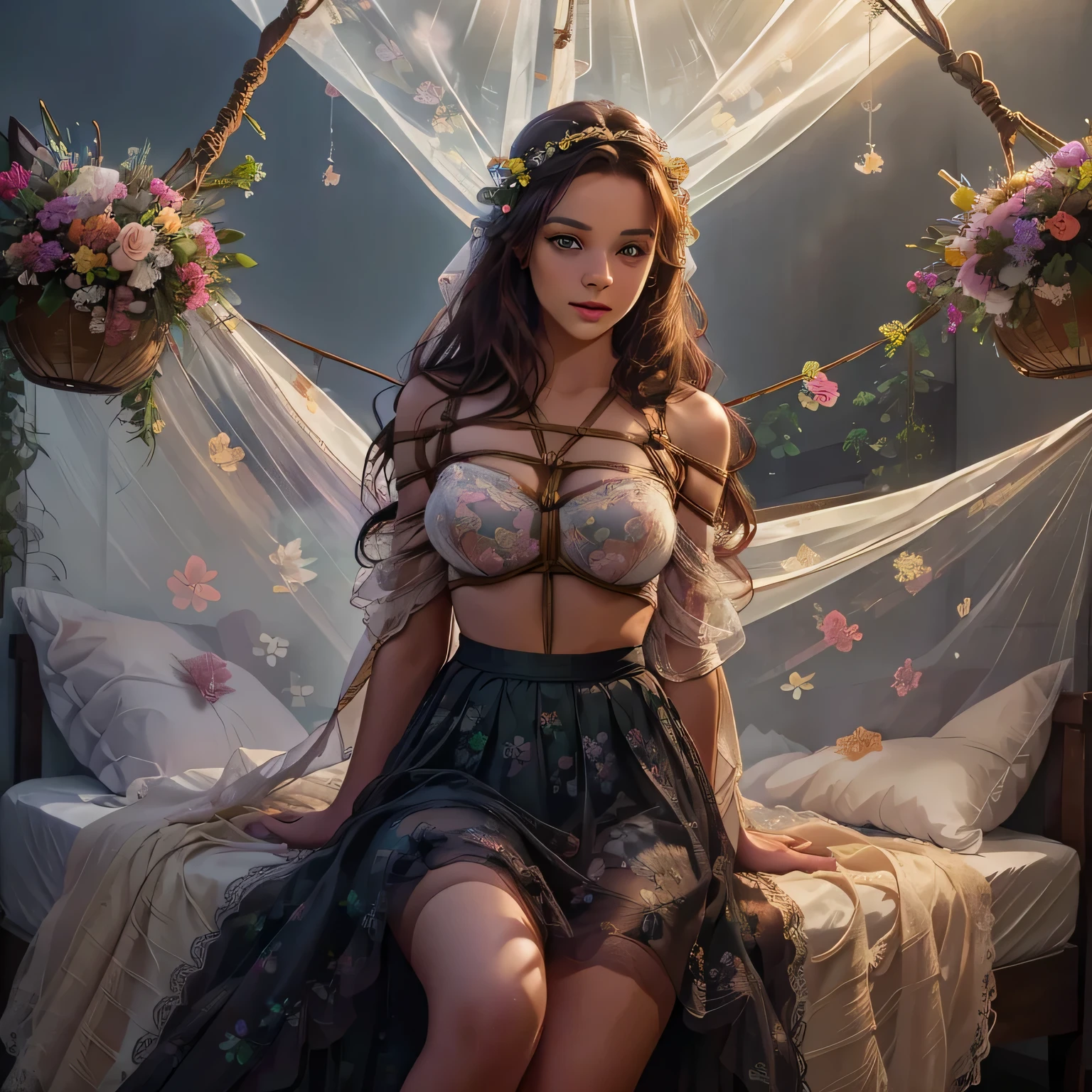 1girl,(bright lighting,romantic setting),dreamy background,,dark hair, mesmerizing gaze, , soft skin, alluring beauty, artistic portrait, high-quality image, vibrant colors,long floral sheer skirt, mosquito net, romantic bedroom, sidesuspension,solobound,veil,barefoot