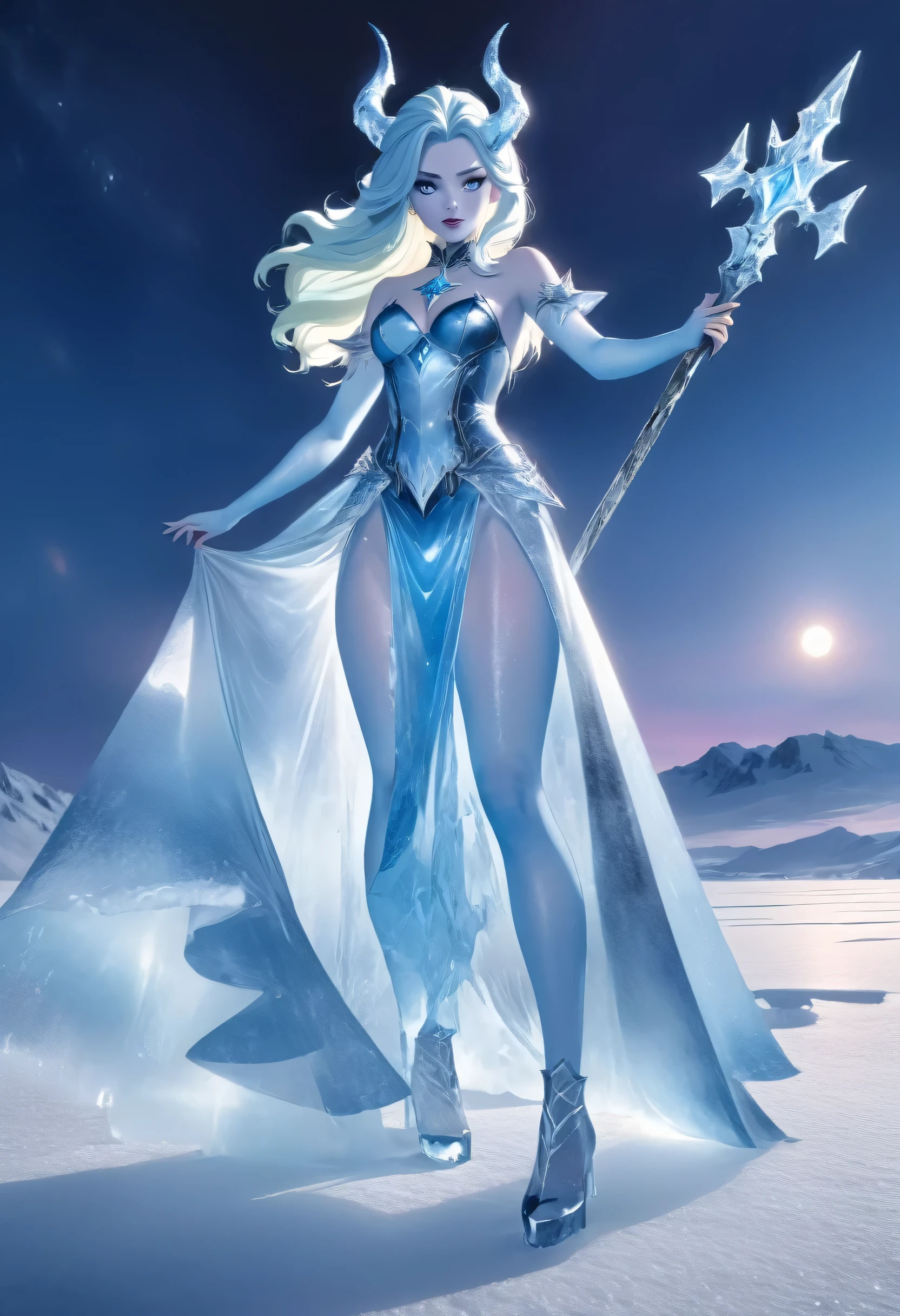 (8k, highest quality, masterpiece: 1.2), (realistic, realistic: 1.37), Super detailed, ((an ice female sexy demon:1))、Standing in the frozen snow field、Witch wearing pale armor, ((sexy costume:1)), SEXY female devil, ((aurora in the night sky)), ((pale blue skin:1))
