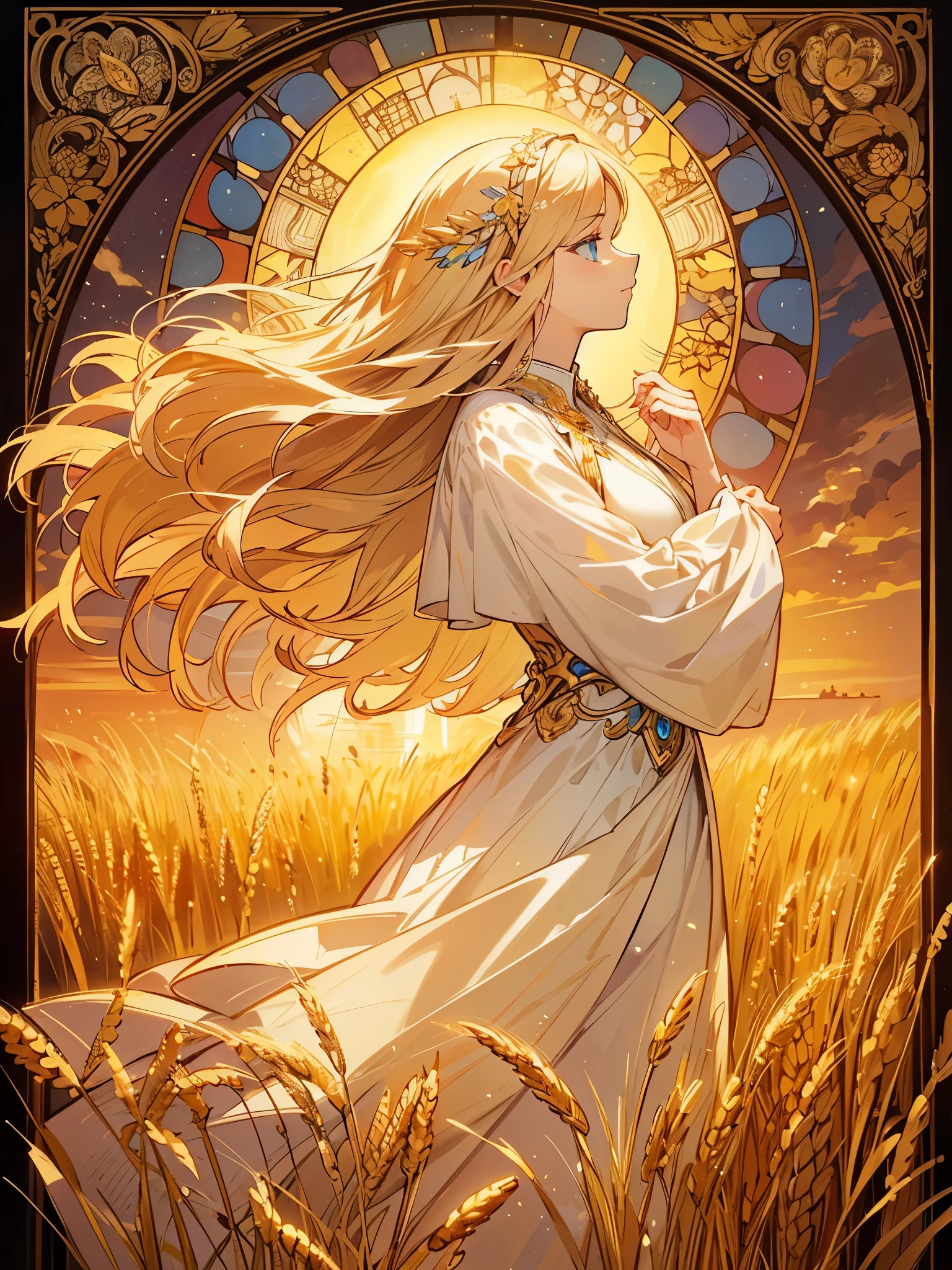 ultra-detailed beautiful stained glass of a goddess, long hair, blonde hair, beautiful blue eyes, white dress, full body, from side, side profile, sunset, halo, wheat field, wind, Art Nouveau, (masterpiece, best quality, beautiful illustration)