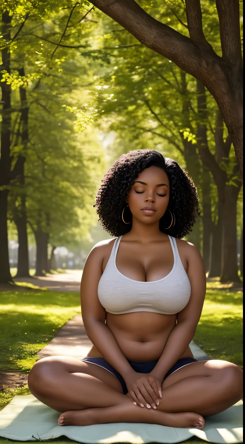 Jasmine, a curvy African American model with voluminous curly black hair, ample breasts, and a round buttocks, The image captures Jasmine in a serene setting, surrounded by lush greenery in a peaceful park. Jasmine sits cross-legged on a soft blanket, her eyes closed and hands folded in prayer. Sunlight filters through the trees, casting a warm glow on her face. Her expression is one of tranquility and inner peace, as she connects with her spirituality in a moment of quiet reflection. In the background, the city skyline of Seattle can be seen peeking through the trees, juxtaposing the urban landscape with the serenity of nature.
