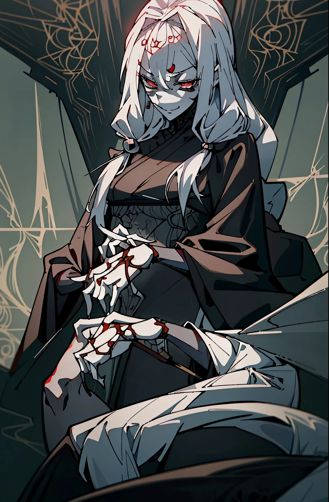 tall and slender, with jet-black skin and piercing red eyes that gleam with a malevolent intelligence. Her long, flowing hair cascades down her back like a curtain of midnight, accentuating her regal bearing and commanding presence. She dresses in ornate robes adorned with intricate spider motifs, each thread woven with the silk of her own making and imbued with dark enchantments that amplify her powers.confident,cocky,smirking