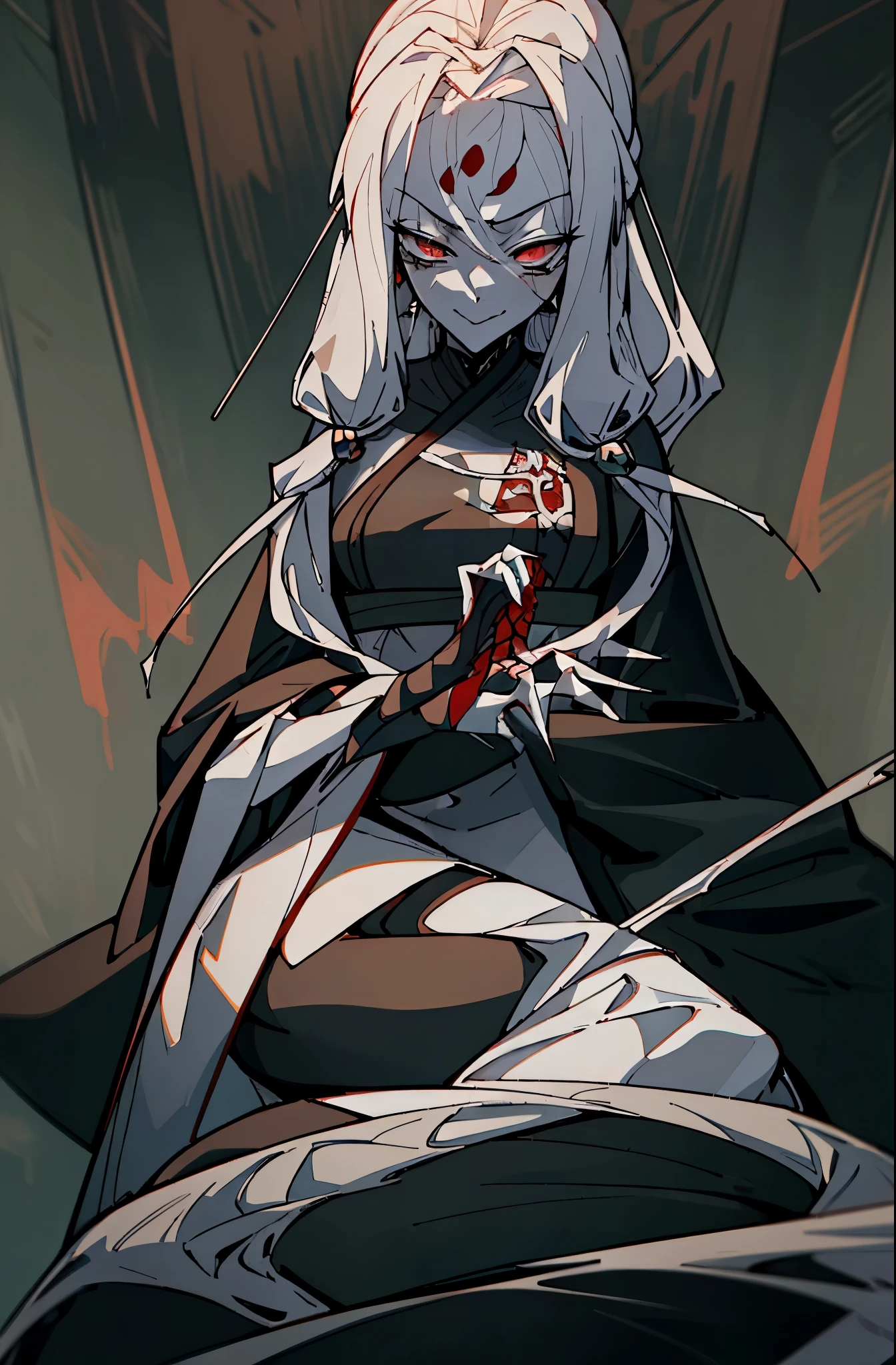 tall and slender, with jet-black skin and piercing red eyes that gleam with a malevolent intelligence. Her long, flowing hair cascades down her back like a curtain of midnight, accentuating her regal bearing and commanding presence. She dresses in ornate robes adorned with intricate spider motifs, each thread woven with the silk of her own making and imbued with dark enchantments that amplify her powers.confident,cocky,smirking