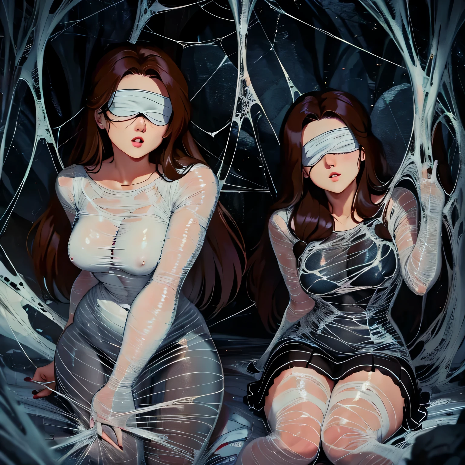 1girl,Spider weaves a net on a girl, very realistic, very detailed,bed,stretched, dark cave, struggle in the net,brown haired, very long sheer skirt,lying down,(blindfold:1.4),spider web