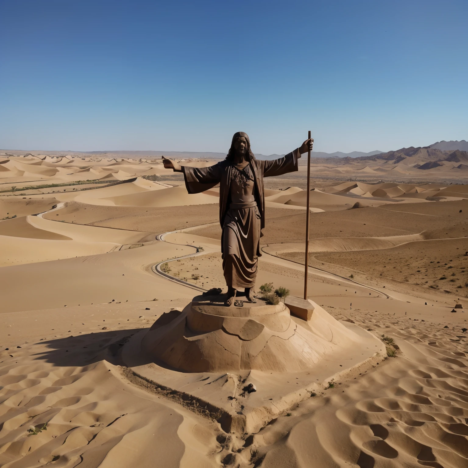 Estatua de Jesucristo solo cargando una cruz caminando por el desierto  