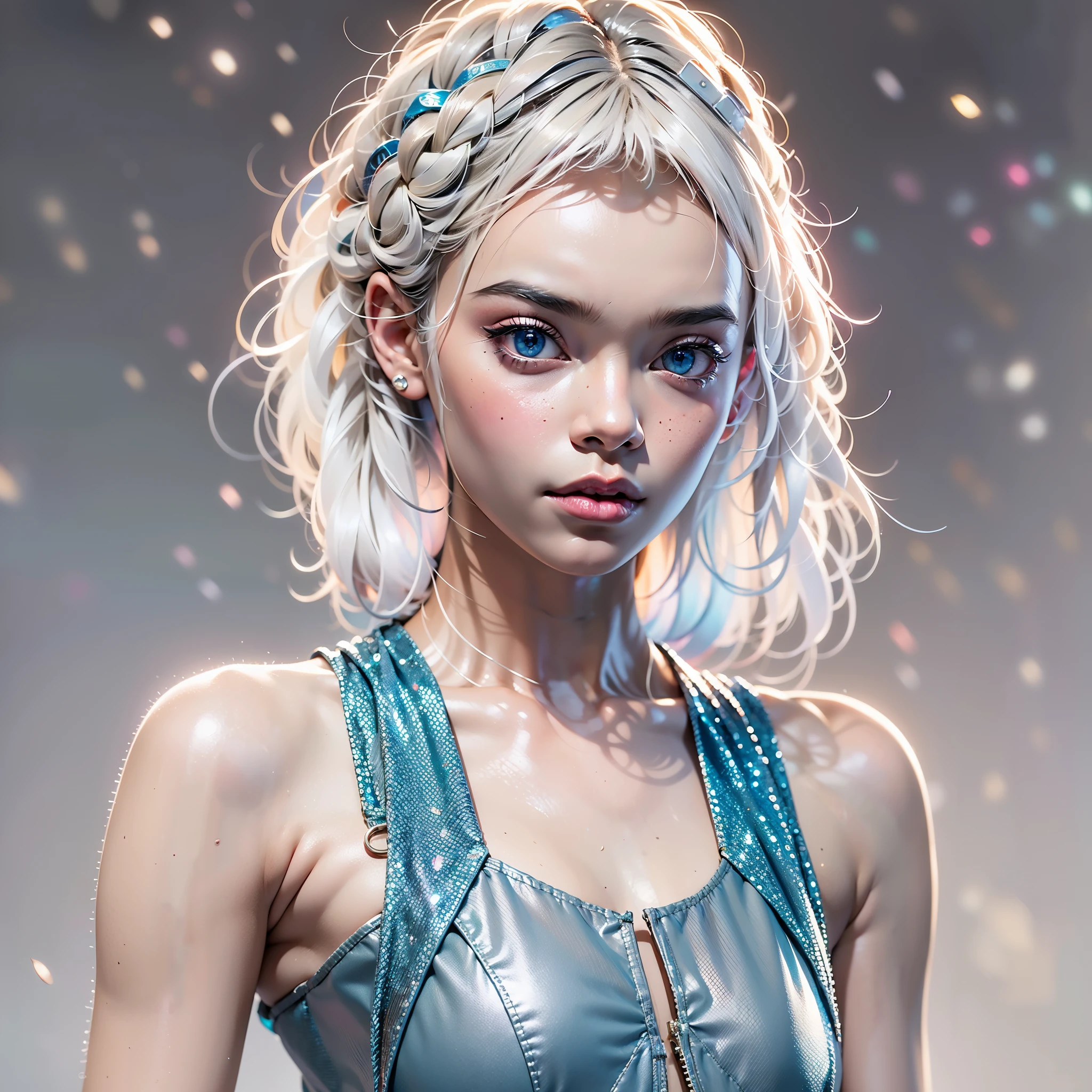 Superhero Girl ("Elle Fanning"), (slender body:1.3), emitting, sparkling, neon, (Correct anatomy:1.4), Revealing bikini. A very beautiful, well-groomed girl, with clear skin, beautiful lips, and a slight smile on her face. Beautiful figure, modern clothes, cool modern couture dress. Sexy. Presentation background, neutral gray-blue, in virtual space. Top quality, 16k. Full HD, Cinematic rendering. Create a piece of art that captures baby Michela's unique beauty..., Famous Digital Influencer. Focus on her unique facial expression as she looks straight into the camera, trying to capture the intensity of her piercing blue eyes. Accurately capture her signature style with a Spanish-style hairstyle styled in two carefully crafted chignons. Add details that reflect her charming and avant-garde personality. We made sure to convey the aura of modernity and originality that characterizes Lil Miquela in the digital world. Some freckles and nevi, long hair, braided hair.