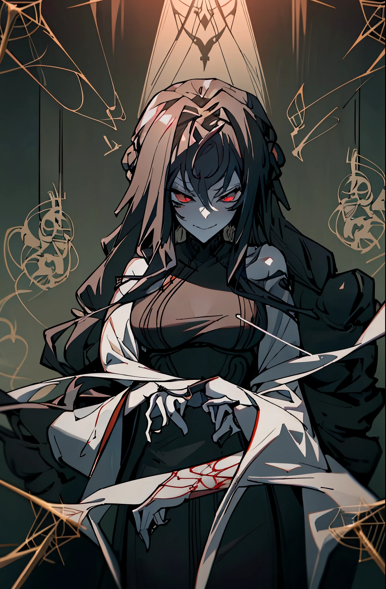 tall and slender, with jet-black skin and piercing red eyes that gleam with a malevolent intelligence. Her long, flowing hair cascades down her back like a curtain of midnight, accentuating her regal bearing and commanding presence. She dresses in ornate robes adorned with intricate spider motifs, each thread woven with the silk of her own making and imbued with dark enchantments that amplify her powers.confident,cocky,smirking