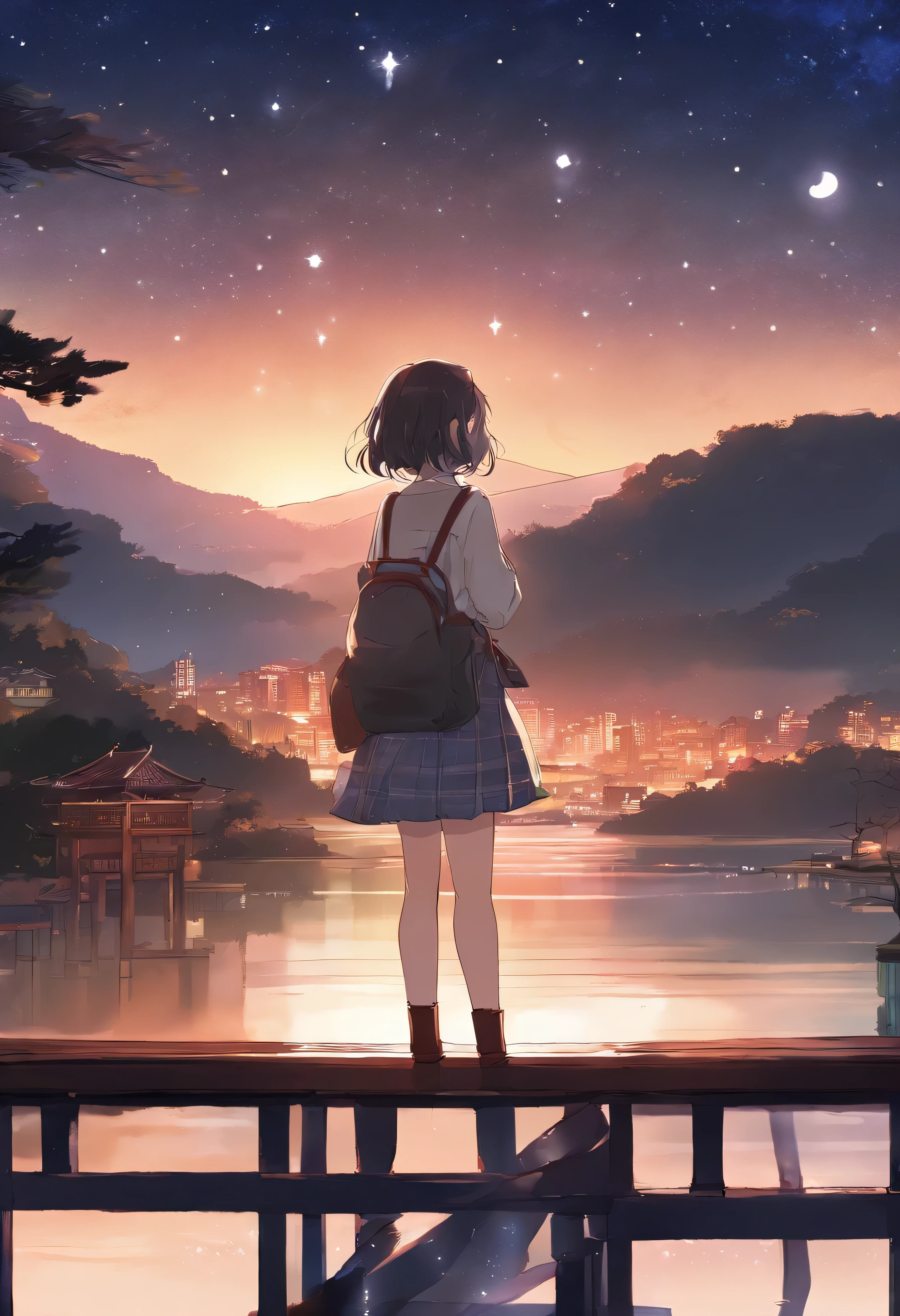 title: 「starry night」
explanation: This 8K raw photo、Top quality and highly detailed backgrounds、It depicts a Lolita girl looking up at the night sky.。she is 15 years old、Height: 150cm、She has fair skin and wears a Japanese uniform with a light brown ponytail.。her expression is young々It's so moisturized、She has a beautiful face and perfect proportions.、Sexy slender legs are growing long。She wears a red bow tie and a stylish white lace patterned blouse、plaid skirt、I'm wearing black loafers。
A landscape spreads out in the background、beautiful stars in the night sky々and nebulae are shining。the sun goes down、The sea spreads out at the foot of the mountain range、The city of a local city without high-rise buildings is expanding.。she sits on the roof and looks at the stars、It depicts a girl lost in thought while looking at the starry sky.。The light on the ground and the glow of the night sky create a beautiful contrast.、Atmosphere lighting gives off a unique charm。
This anime scene、Beautifully depicts the lonely night scene of a girl.、Arouses emotion and empathy in the viewer。