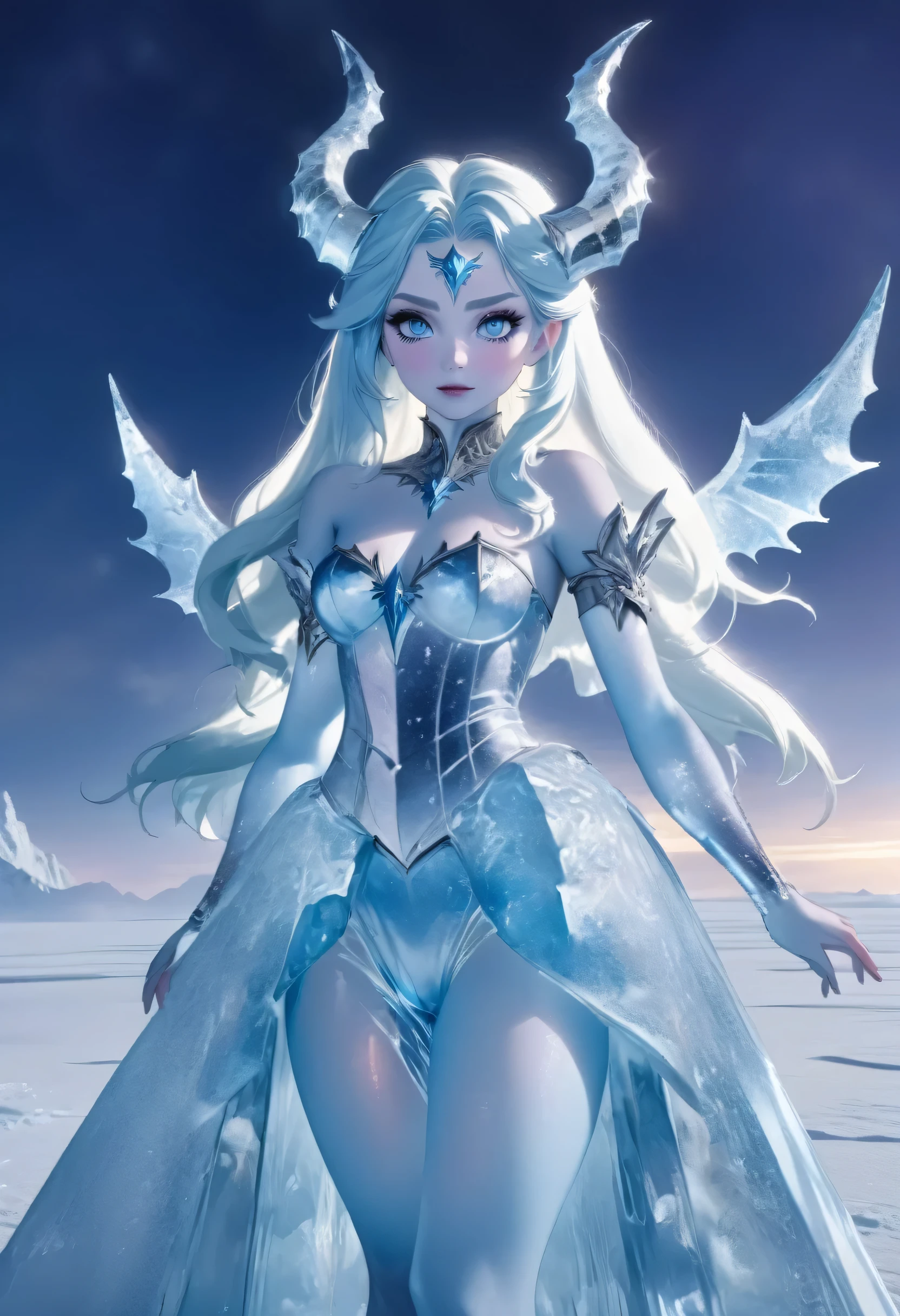 (8k, highest quality, masterpiece: 1.2), (realistic, realistic: 1.37), Super detailed, ((an ice female sexy demon:1))、Standing in the frozen snow field、Witch wearing pale armor, ((sexy costume:1)), SEXY female devil, ((aurora in the night sky)), ((pale blue skin:1))