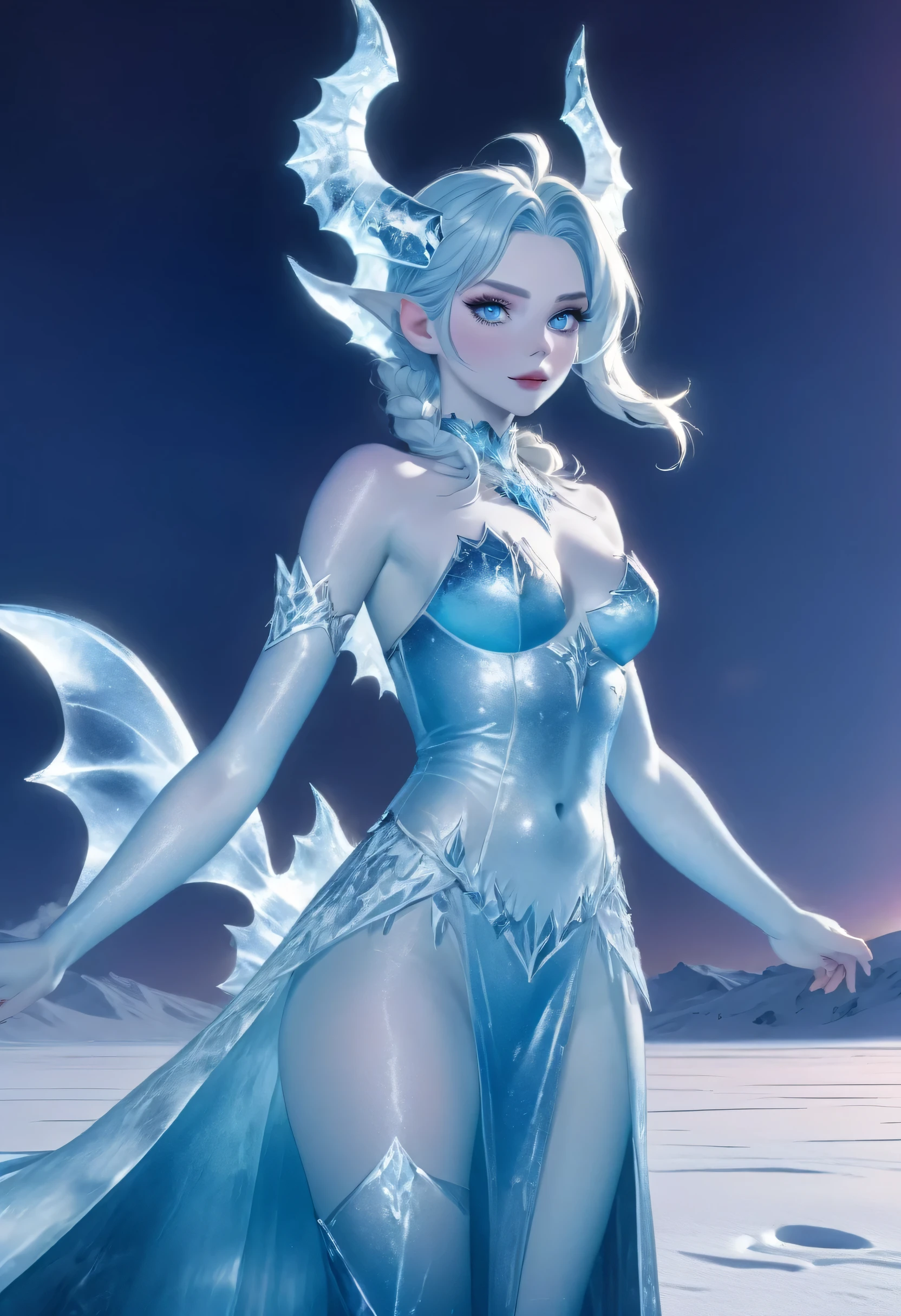 (8k, highest quality, masterpiece: 1.2), (realistic, realistic: 1.37), Super detailed, ((an ice female sexy demon:1))、Standing in the frozen snow field、Witch wearing pale armor, ((sexy costume:1)), SEXY female devil, ((aurora in the night sky)), ((pale blue skin:1))