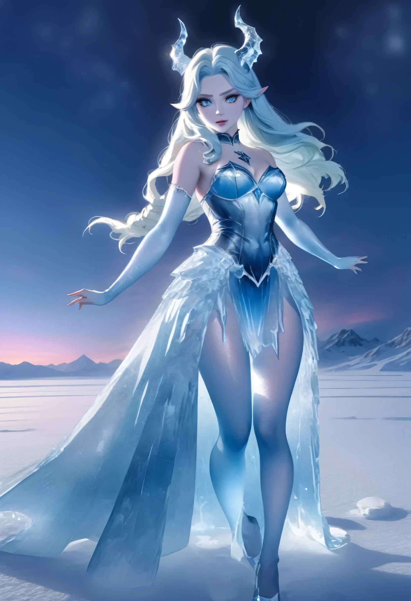 (8k, highest quality, masterpiece: 1.2), (realistic, realistic: 1.37), Super detailed, ((an ice female sexy demon:1))、Standing in the frozen snow field、Witch wearing pale armor, ((sexy costume:1)), SEXY female devil, ((aurora in the night sky)), ((pale blue skin:1))