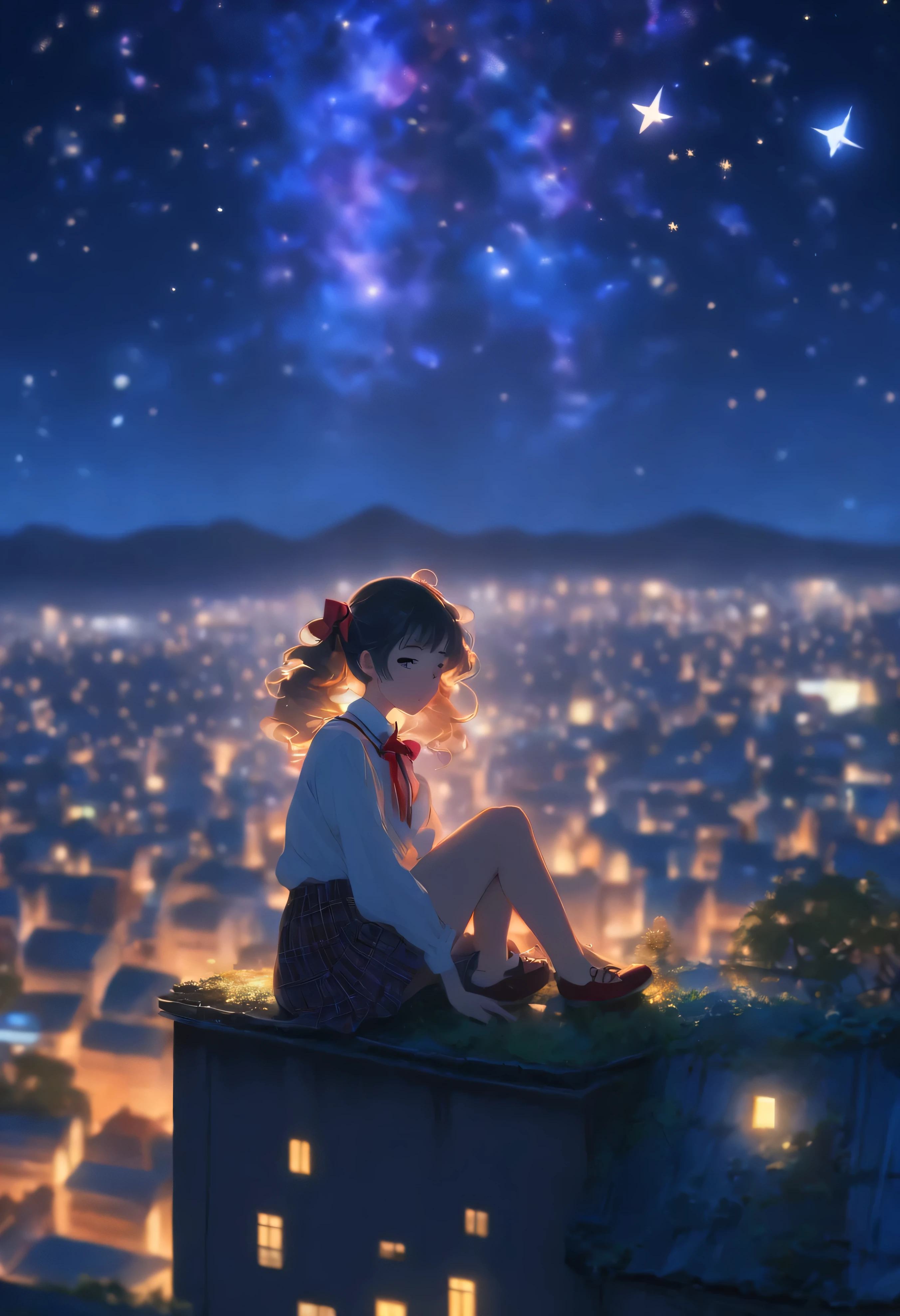 title: 「starry night」

explanation: This 8K raw photo、Top quality and highly detailed backgrounds、It depicts a Lolita girl looking up at the night sky.。she is 15 years old、Height: 150cm、She has fair skin and wears a Japanese uniform with a light brown ponytail.。her expression is young々It&#39;s so moisturized、She has a beautiful face and perfect proportions.、Sexy slender legs are growing long。She wears a red bow tie and a stylish white lace patterned blouse、plaid skirt、I&#39;m wearing black loafers。

A landscape spreads out in the background、beautiful stars in the night sky々and nebulae are shining。the sun goes down、The sea spreads out at the foot of the mountain range、The city of a local city without high-rise buildings is expanding.。she sits on the roof and looks at the stars、It depicts a girl lost in thought while looking at the starry sky.。The light on the ground and the glow of the night sky create a beautiful contrast.、Atmosphere lighting gives off a unique charm。

This anime scene、Beautifully depicts the lonely night scene of a girl.、Arouses emotion and empathy in the viewer。