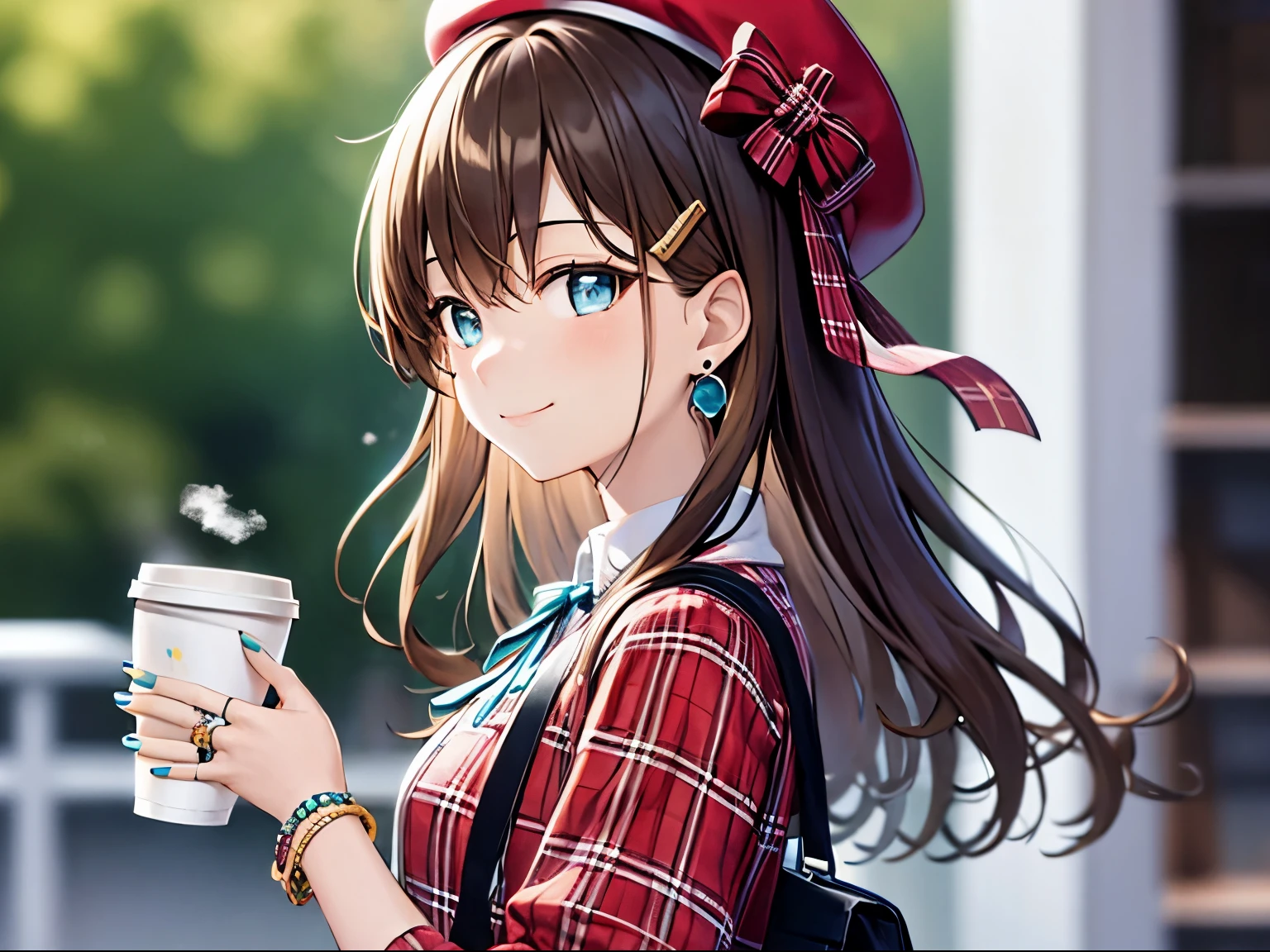 ((highest quality)), ((masterpiece)), (be familiar with), -First love, 1 girl, alone, jewelry, plaid dress, looking at the viewer, cup, earrings, have, blue eyes, long hair, coffee cup, plaid, shirt, disposable cup, holding, sign, ring, hair ornaments, holding cup, long sleeve, brown hair, Upper body, dress, neck ribbon, ribbon, bangs, closed mouth, smile, white shirt, yellow nails, hair clip, nail polish, From the side, aqua ribbon, blurry background, beret, plaid shirt, blue ribbon, blurry, Brown hat, bag, chest, plaid headwear, bracelet