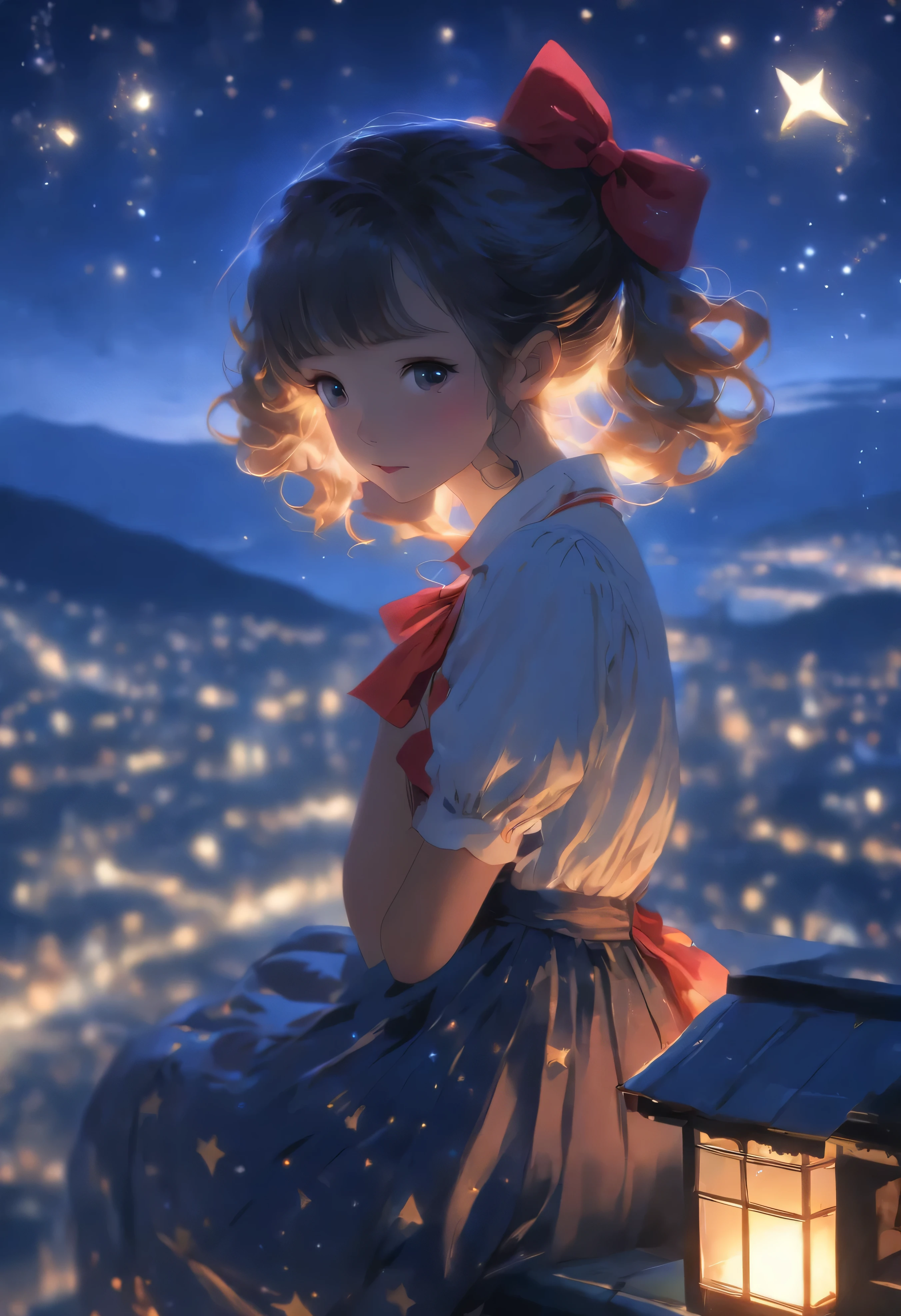 title: 「starry night」

explanation: This 8K raw photo、Top quality and highly detailed backgrounds、It depicts a Lolita girl looking up at the night sky.。she is 15 years old、Height: 150cm、She has fair skin and wears a Japanese uniform with a light brown ponytail.。her expression is young々It&#39;s so moisturized、She has a beautiful face and perfect proportions.、Sexy slender legs are growing long。She wears a red bow tie and a stylish white lace patterned blouse、plaid skirt、I&#39;m wearing black loafers。

A landscape spreads out in the background、beautiful stars in the night sky々and nebulae are shining。the sun goes down、The sea spreads out at the foot of the mountain range、The city of a local city without high-rise buildings is expanding.。she sits on the roof and looks at the stars、It depicts a girl lost in thought while looking at the starry sky.。The light on the ground and the glow of the night sky create a beautiful contrast.、Atmosphere lighting gives off a unique charm。

This anime scene、Beautifully depicts the lonely night scene of a girl.、Arouses emotion and empathy in the viewer。