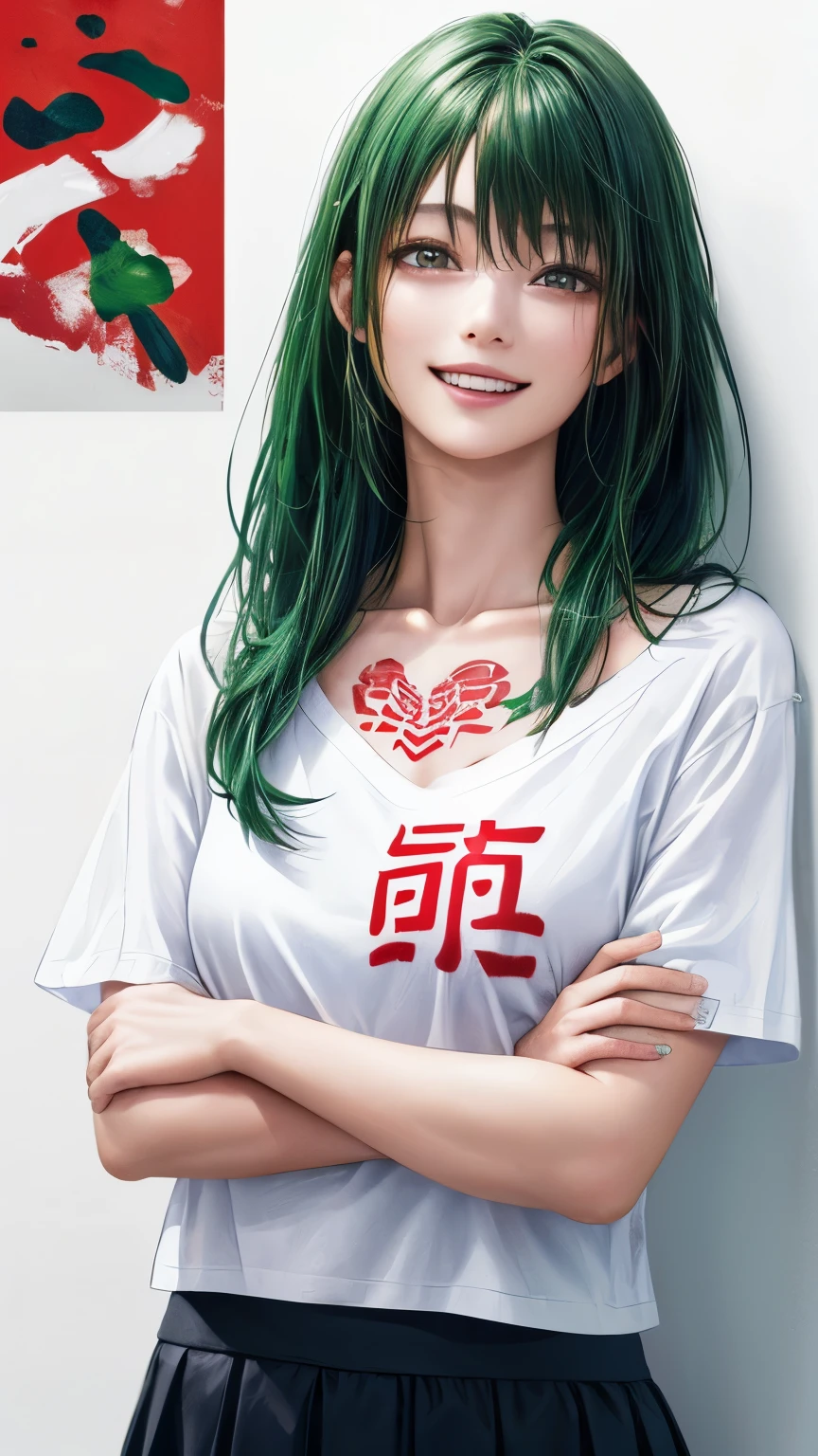 (highest quality、8K、32k、masterpiece)、(realistic)、(Photoreal:1.2)、(High resolution)、Super detailed、very beautiful face and eyes、1 girl、round and small face、thin waist、delicate body、(close、highest quality、high detail、Rich skin details)、(highest quality、8K、oil paint:1.2)、Super detailed、(realistic、realistic:1.37)、bright colors、(((i have green hair)))、(((bust shot)))、(((long hair)))、(((medium long hair)))、(((pure white wall background)))、(((pure white wall background)))、(((She has a happy expression)))、(((laughter)))、(((wearing a white T-shirt)))、(((This is a T-shirt with English letters on the chest...)))、(((look straight ahead)))、(((the skirt is short)))、(((teeth visible)))、(((I&#39;m crossing my arms in front of my chest)))、(((You can see the Chinese characters tattoo around the collarbone.)))