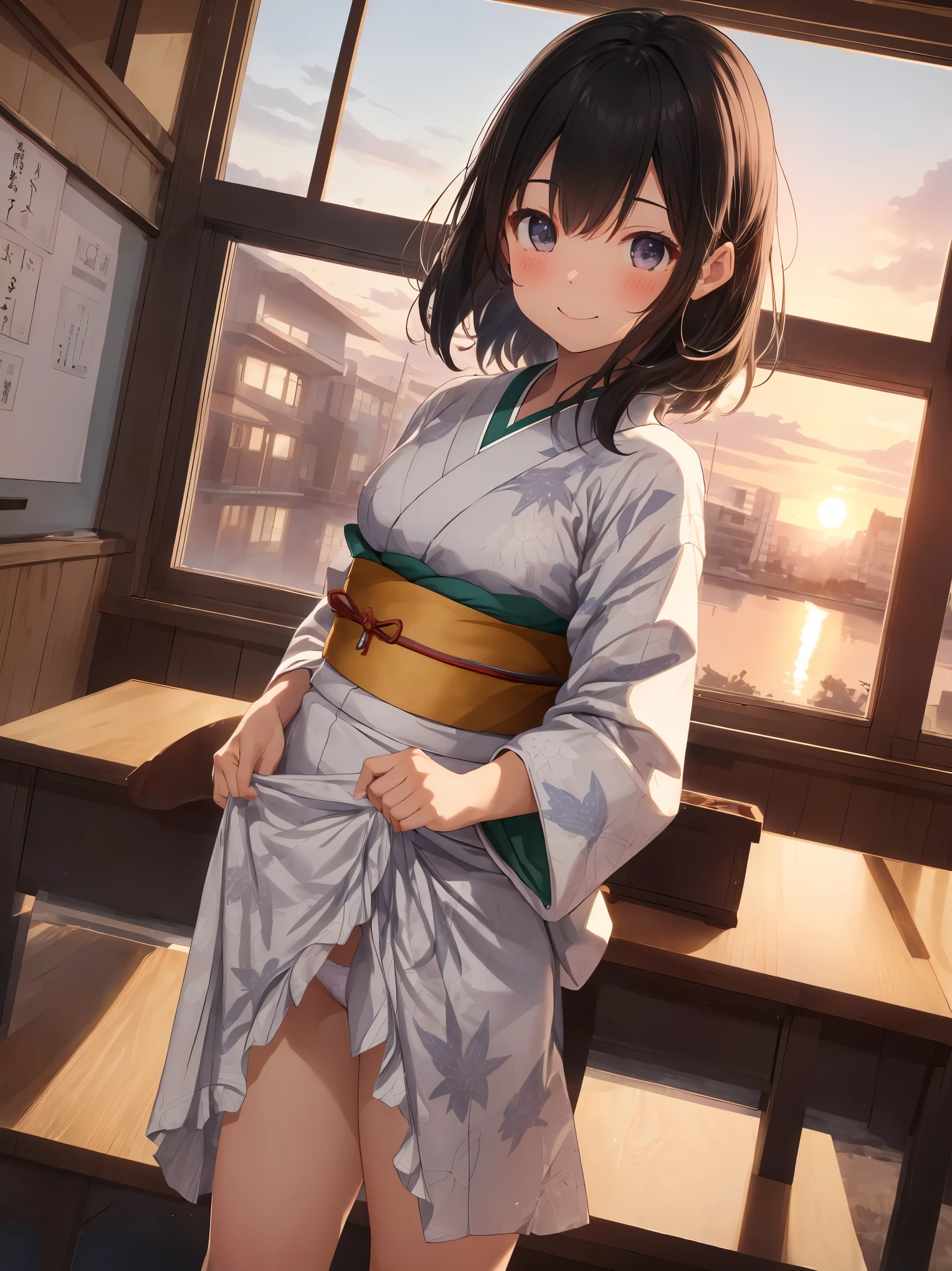 very cute and beautiful girl standing near the window,(White plaid summer dress with detailed ruffles),((((Japanese kimono))))No sleeve,Fine lace,(skirt lift,white panties),lift up the skirt、Turning up the skirt、、 (very detailed美しい顔),grassland,wooden floating cottage, cowboy shot,(smile),blush,looking at the viewer、look back,back、medium hair,black hair,up hair, (highest quality,masterpiece:1.2),disorganized,High resolution,Super detailed,very detailed,32k,8K resolution, intricate details,movie scene,detailed background、school classroom、Sunset cityscape seen from the window,alone,dynamic angle, Natural light,particles of light,beautiful detailed sky,perfect hands,
