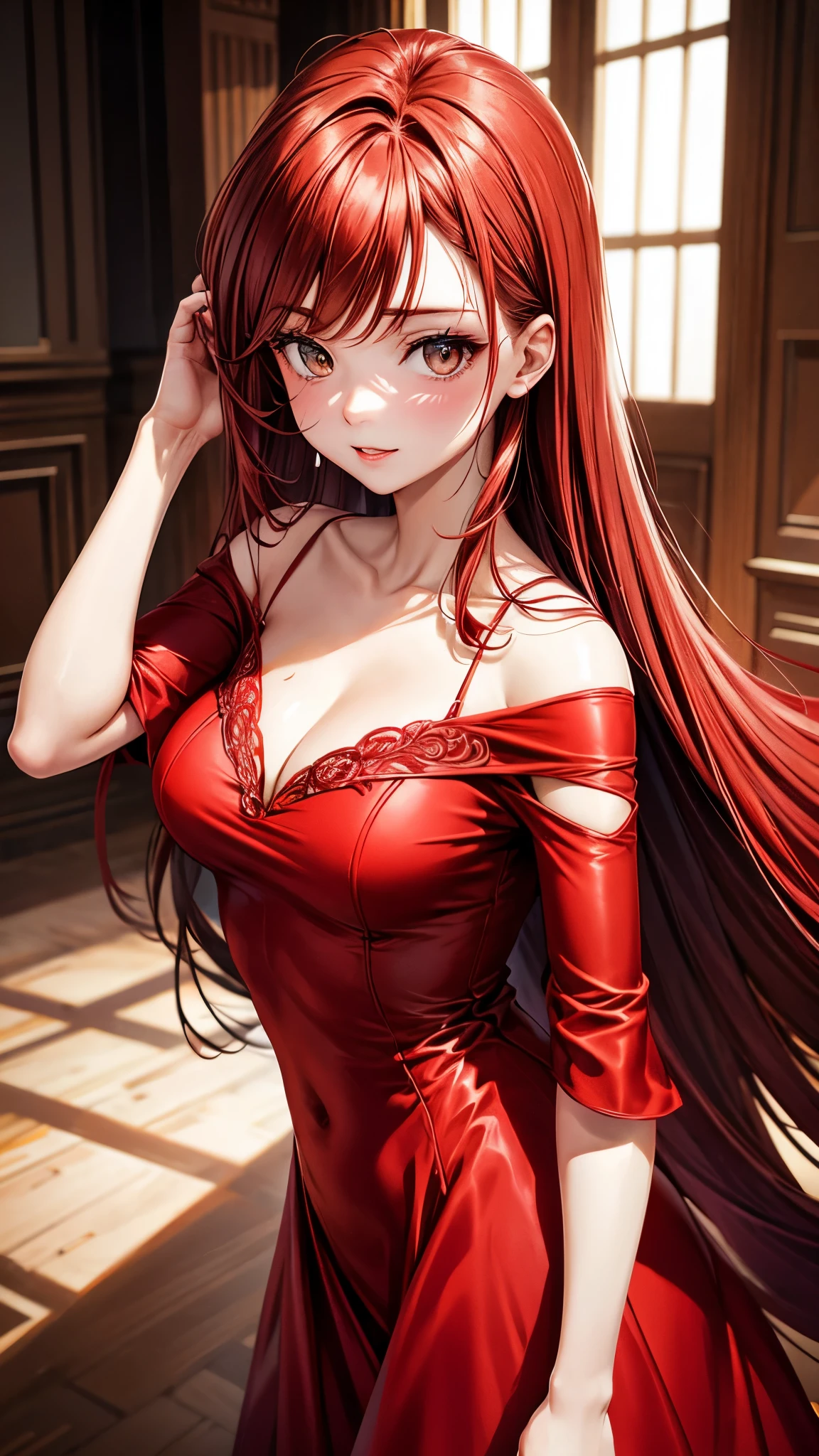 Beautiful redhead girl with brown eyes and long hair in elegant red dress on a photo shoot