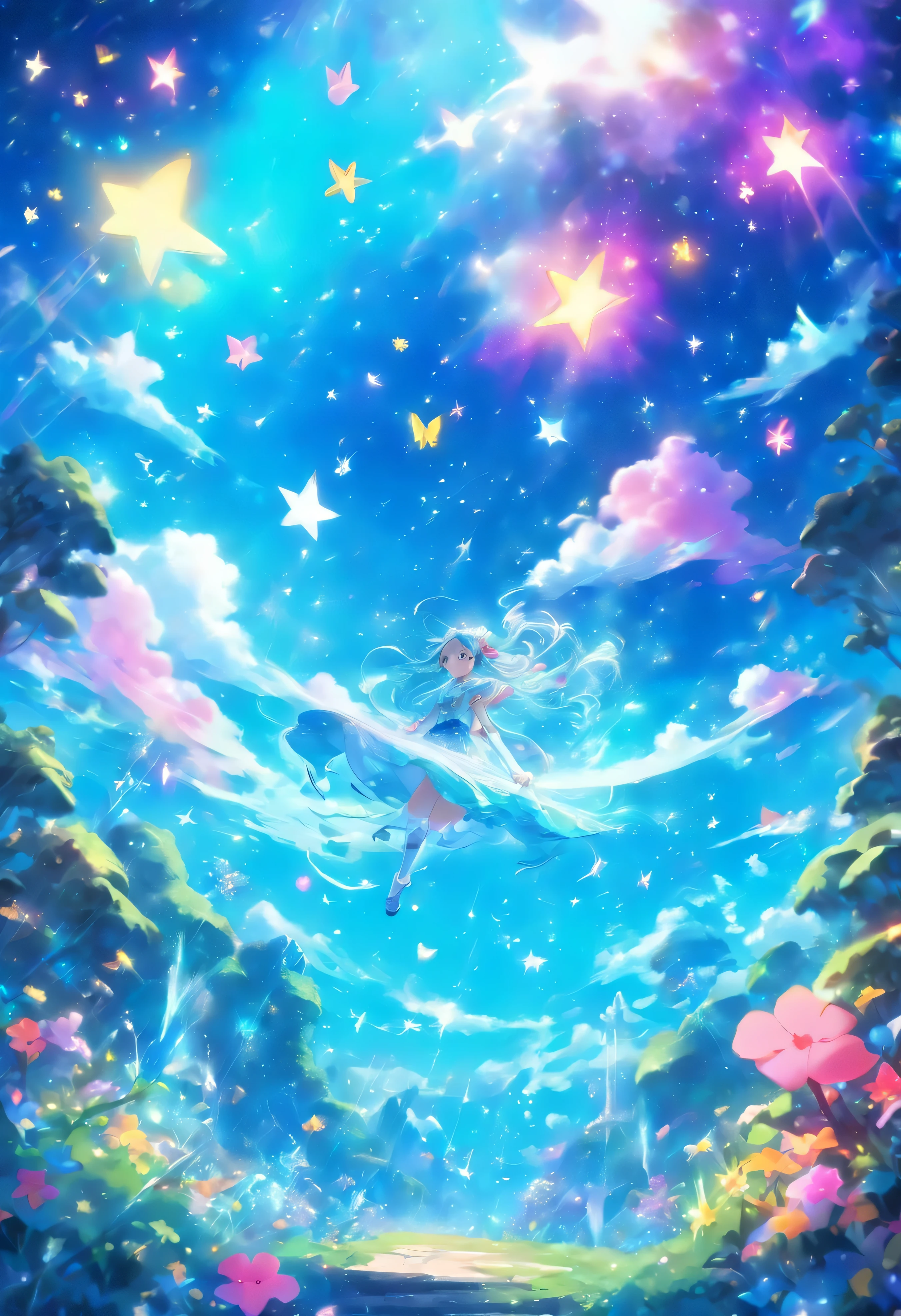 Melody Mark,top-quality、masutepiece、1womanl、solo、(abstract art:1.6),(Psychedelia Theme:1.6),(Gunjo World:1.5),(Marine:1.5),(Blue World:1.5),(At the center of the world is the most beautiful woman in the world),(many stars are falling:1.3),A ray of light spreads,Crystals spreading from the center,prisma(Nostalgic landscapes:1.5),(colorful flower:1.3),Garden Girl,gentle sunlight,Soft breeze,Delicate flowers,A rainbow-colored butterfly flaps its wings,Mesmerizing natural beauty,Fragments of Shining Stars,ice crystal,