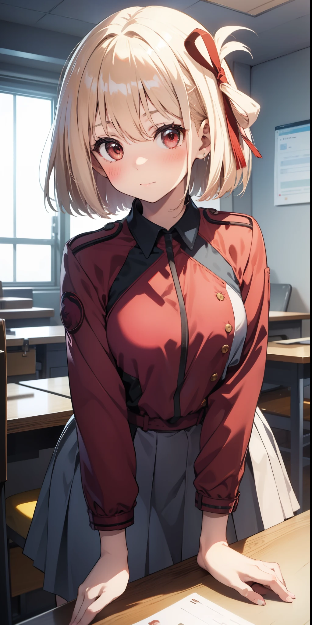 highest quality、table top、1 girl、platinum blonde、bob hair、red ribbon、((up to a very close distance))、blush、Kamimei、While watching this、cute anime illustration、 health room、red official uniform、