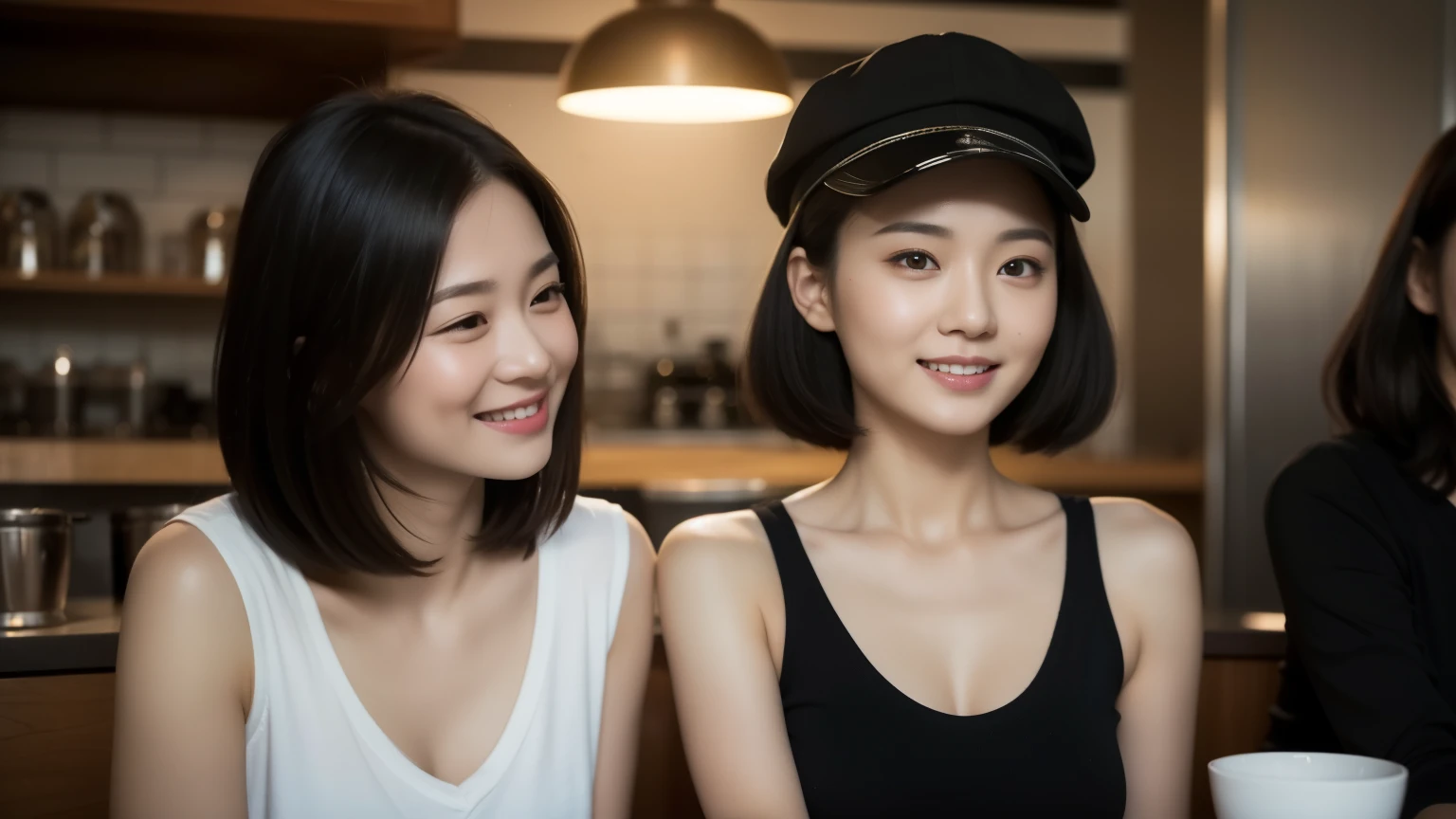 8K, masterpiece, highest quality, photo-realistic, Super detailed, 2 girls, Asian, sports body, wearing a cap,realistic skin texture, 1 girl long hair, 1 girl with short hair, (chest:1.0), (smile:0.9), look at the viewer, Tube top, movie lighting, face focus, fine eyes, detailed face, bright face, dawn, Inside the cafe, 