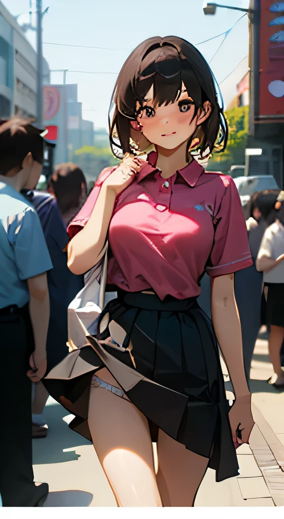 Highly detailed CG Unity 8K wallpaper、highest quality、super detailed、masterpiece、realistic、Photoreal、Highly detailed cute girl、20-year-old、((lift the skirt yourself)))、(I lifted it myself)、panties on、panties focus、blush、looking at the viewer、semi body shot、(a large crowd gathers)、(on the streets of tokyo)、(((show off private parts ))) magenta polo shirt,