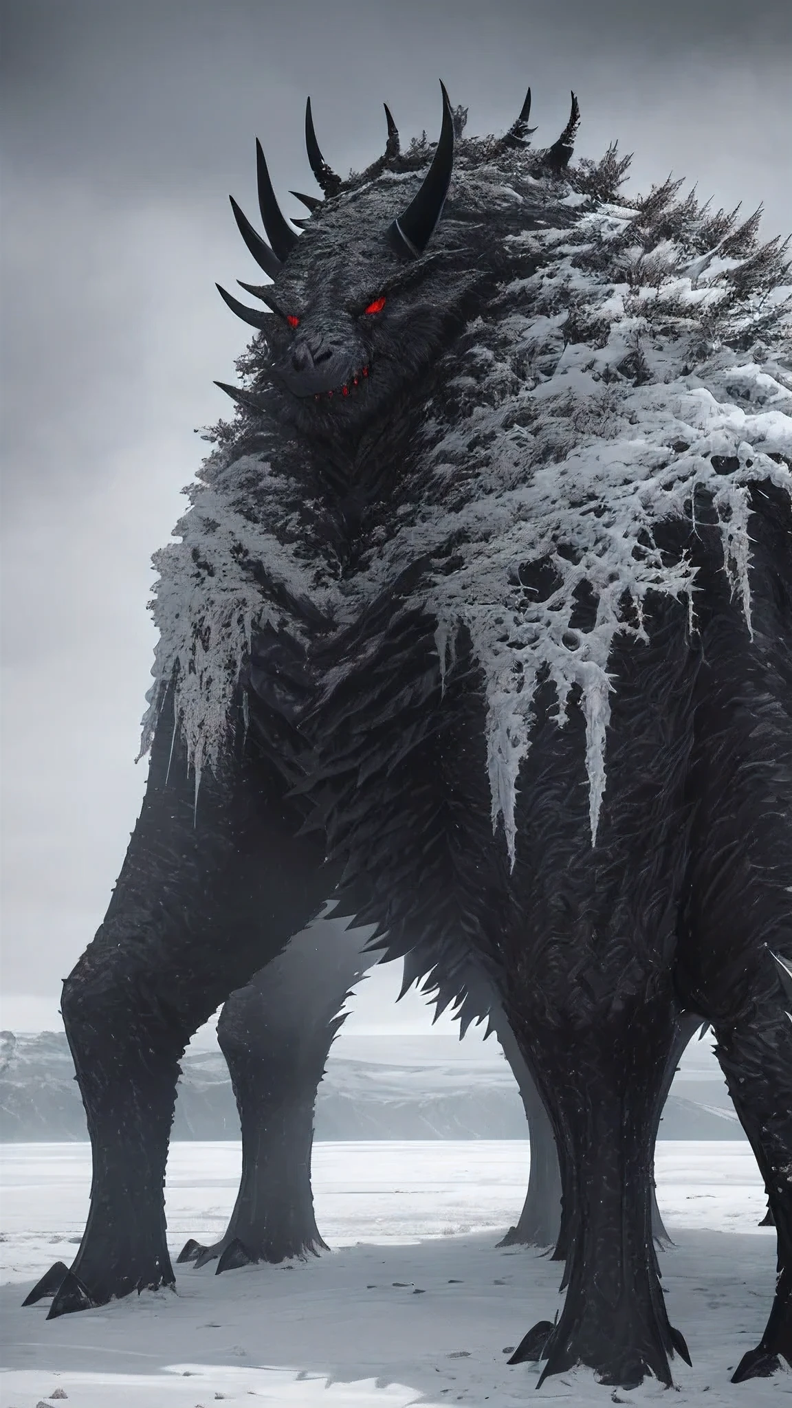 In the bleak and frigid landscape of a January night, an evil and ominous dark creature emerges. Its colossal form looms large, towering over the frozen landscape with immense power. This January beast, shrouded in darkness, exudes an aura of menace and malevolence. The intricate details of its menacing visage can be seen under the top light, casting long shadows on the pristine snow below. The chilling wind howls in the background, adding to the cinematic atmosphere of this fearsome January creature. (Realistic CGI, High Dynamic Range, January Nightmare, Dark Beast, Frozen Landscape, Gloomy setting:1