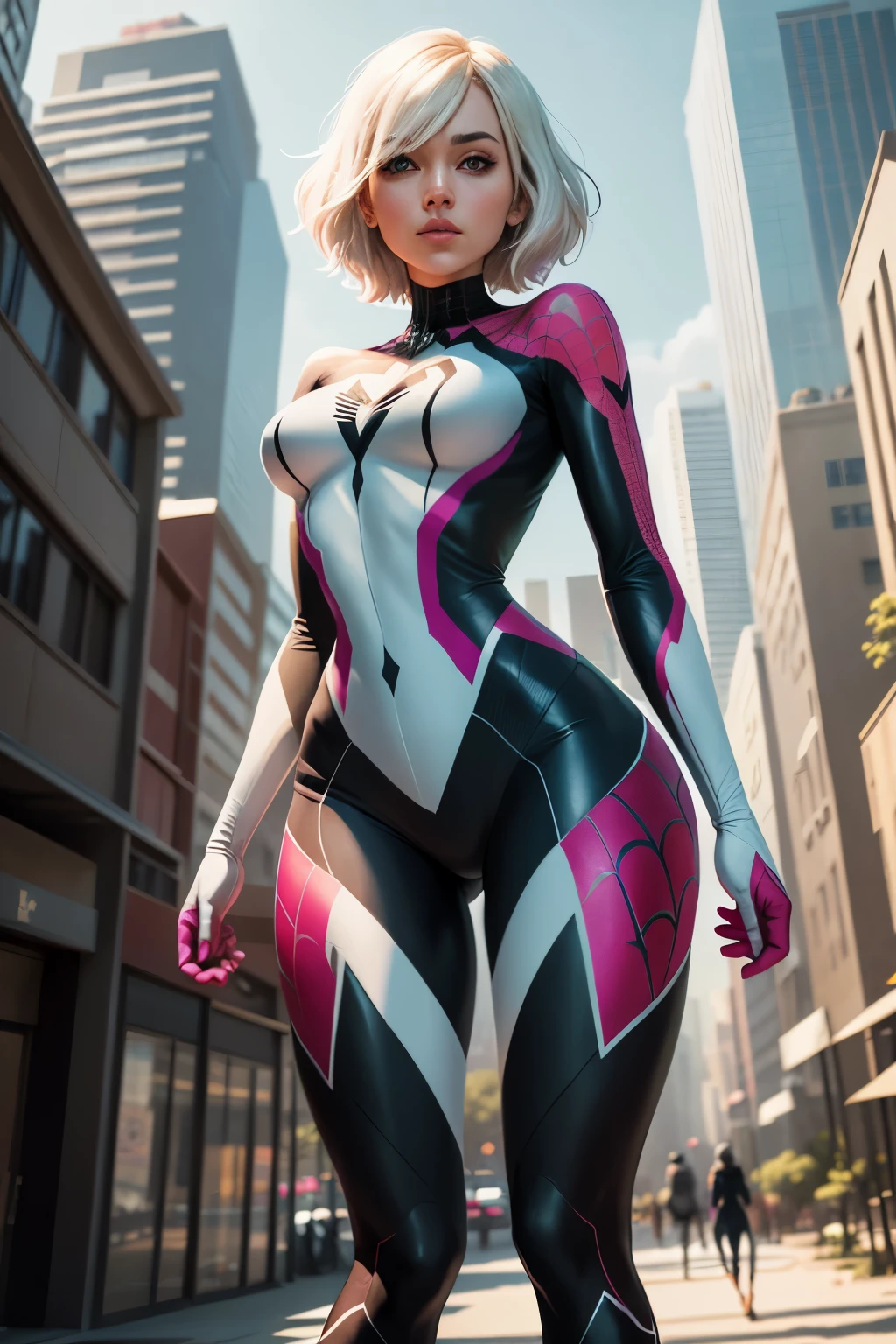 Girl in her 20s, spider Gwen suit, short hair, forest of buildings, roofs, masterpieces, intricate details, perfect anatomy