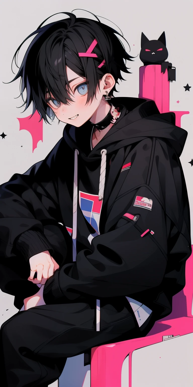 1 boy, black hair, hoodie, cute,fine,smile,sitting pose,