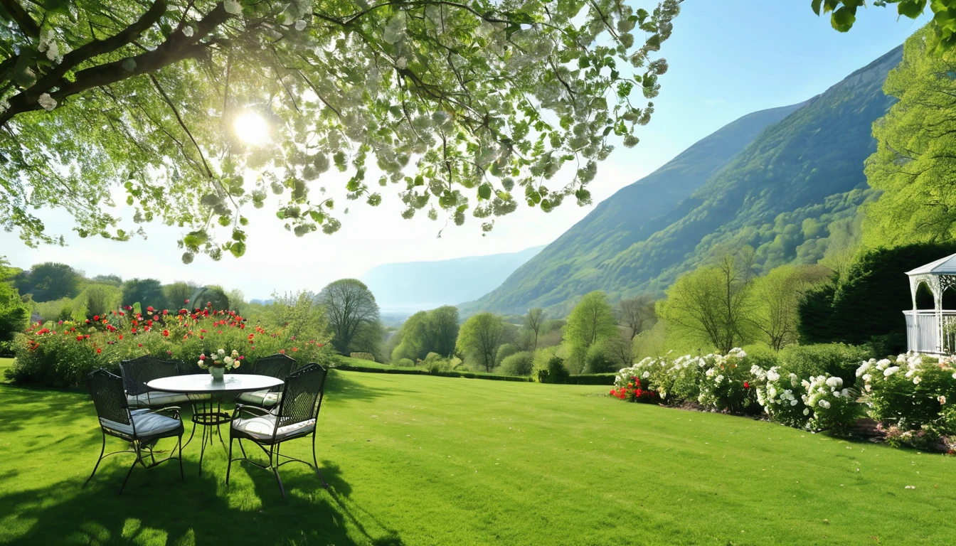 (best quality,4k,8k,highres,masterpiece:1.2),ultra-detailed,(realistic,photorealistic,photo-realistic:1.37),bright and sunny morning,serene atmosphere,warm sunlight streaming through the trees,refreshing breeze,floral scents in the air,lush green garden with blooming flowers,colorful petals dancing in the wind,delicate cherry blossoms in full bloom,golden rays of sunlight illuminating the scene,birds chirping happily,early morning dew sparkling on the grass,freshly brewed coffee and croissants on a table,tranquil outdoor seating area,comfortable wicker chairs and a small round table,beautifully decorated garden gazebo with hanging vines and roses,cascading waterfall creating a soothing sound,splendid view of the nearby mountains,clear blue sky with fluffy white clouds,gentle rustling of leaves,joyful laughter of children playing,peaceful and serene surroundings,invigorating start to the day,lively and vibrant atmosphere,graceful butterflies fluttering around,picturesque scenery that belongs in a fairytale,tranquil escape from the hustle and bustle of everyday life,a perfect spring morning to enjoy the beauty of nature.