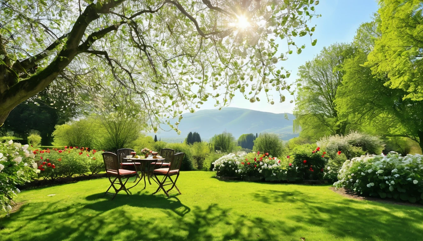 (best quality,4k,8k,highres,masterpiece:1.2),ultra-detailed,(realistic,photorealistic,photo-realistic:1.37),bright and sunny morning,serene atmosphere,warm sunlight streaming through the trees,refreshing breeze,floral scents in the air,lush green garden with blooming flowers,colorful petals dancing in the wind,delicate cherry blossoms in full bloom,golden rays of sunlight illuminating the scene,birds chirping happily,early morning dew sparkling on the grass,freshly brewed coffee and croissants on a table,tranquil outdoor seating area,comfortable wicker chairs and a small round table,beautifully decorated garden gazebo with hanging vines and roses,cascading waterfall creating a soothing sound,splendid view of the nearby mountains,clear blue sky with fluffy white clouds,gentle rustling of leaves,joyful laughter of children playing,peaceful and serene surroundings,invigorating start to the day,lively and vibrant atmosphere,graceful butterflies fluttering around,picturesque scenery that belongs in a fairytale,tranquil escape from the hustle and bustle of everyday life,a perfect spring morning to enjoy the beauty of nature.