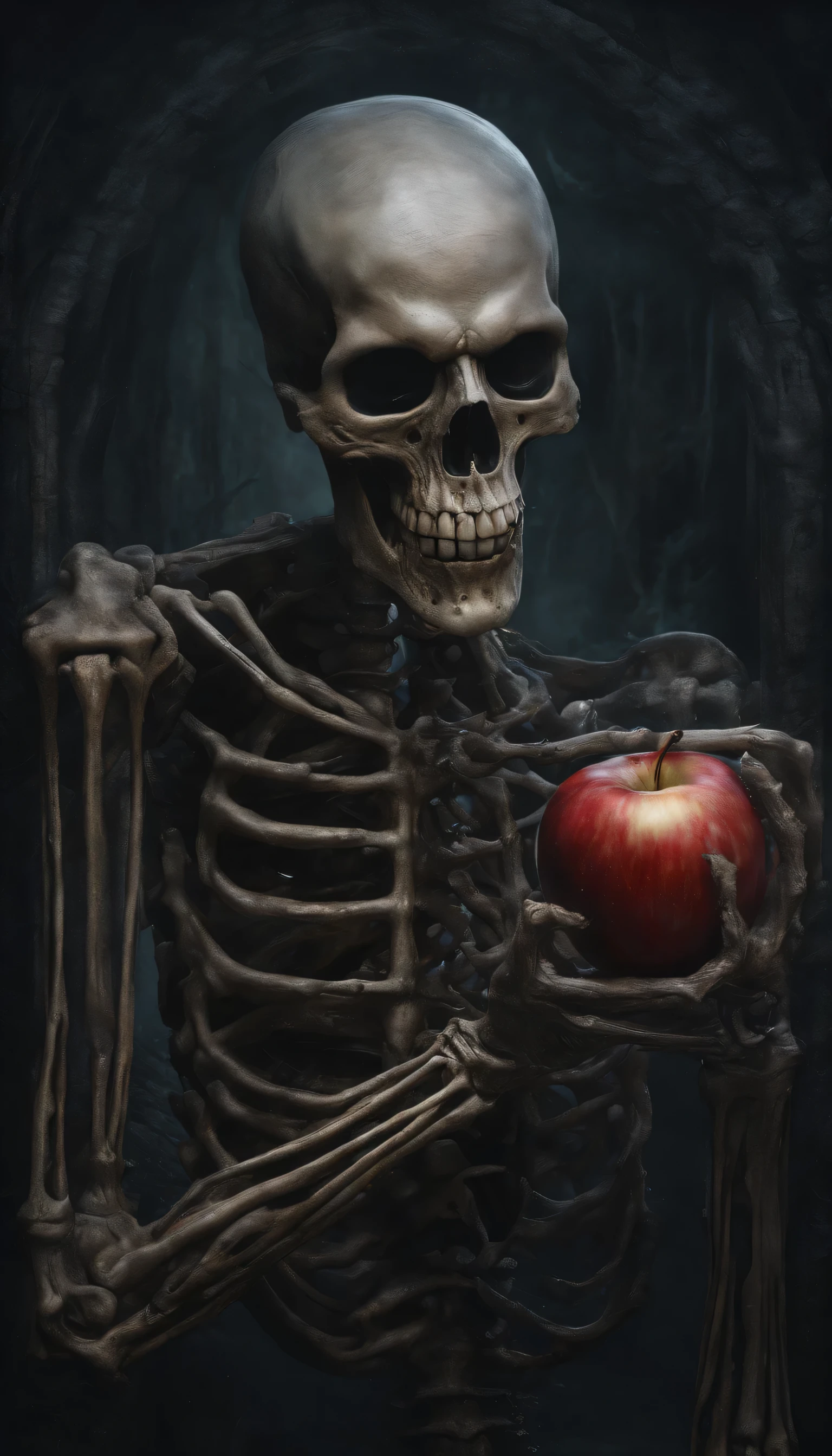 (best quality,4k,8k,highres,masterpiece:1.2),ultra-detailed,(realistic,photorealistic,photo-realistic:1.37),
A sinister skeleton with glowing eyes, reaches out and offers a red apple to the beholder, (Hyperrealism:1.3),(Pixar style,colors),
hyper-detailed, intricately detailed, fantastical, intricate detail, splash screen, fantasy, concept art, 8k resolution,
(masterpiece:1.2), melting, complex background, intricate detailed, bright colors, fantasy, concept art, digital art,
intricate, oil on canvas, expert, insanely detailed, 4k resolution, (Deep sharpness:1.1), (Incredibly detailed:1.1),
(HDR:1.3), (Wallpaper:1.2), (Photorealism:1.3)