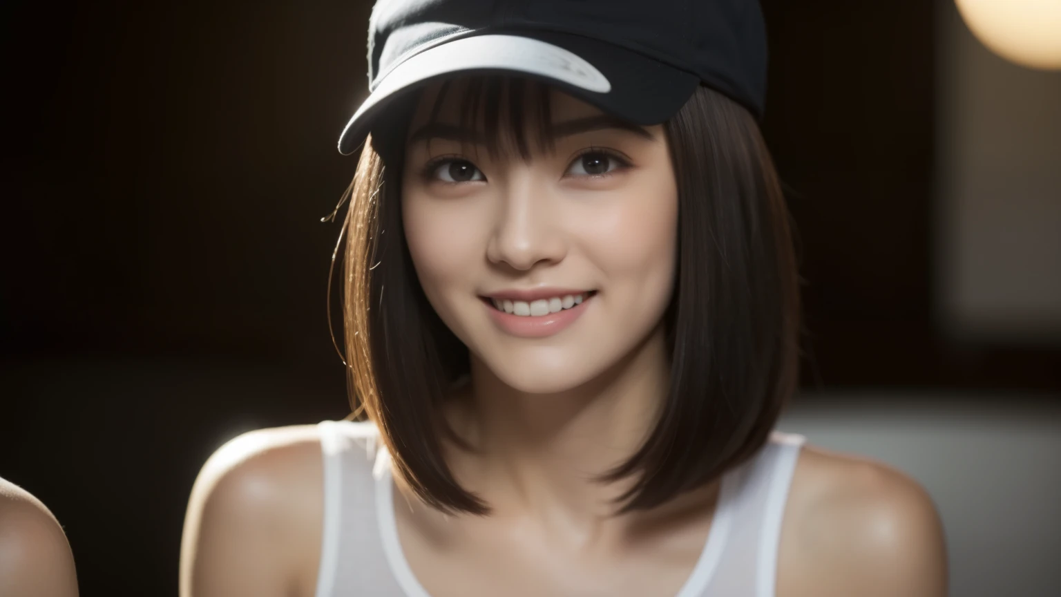 8K, masterpiece, highest quality, photo-realistic, Super detailed, 2 girls, Asian, sports body, wearing a cap,realistic skin texture, 1 girl long hair, 1 girl with short hair, (chest:1.0), (smile:0.9), look at the viewer, Tube top, movie lighting, face focus, fine eyes, detailed face, bright face, dawn, Inside the cafe, 