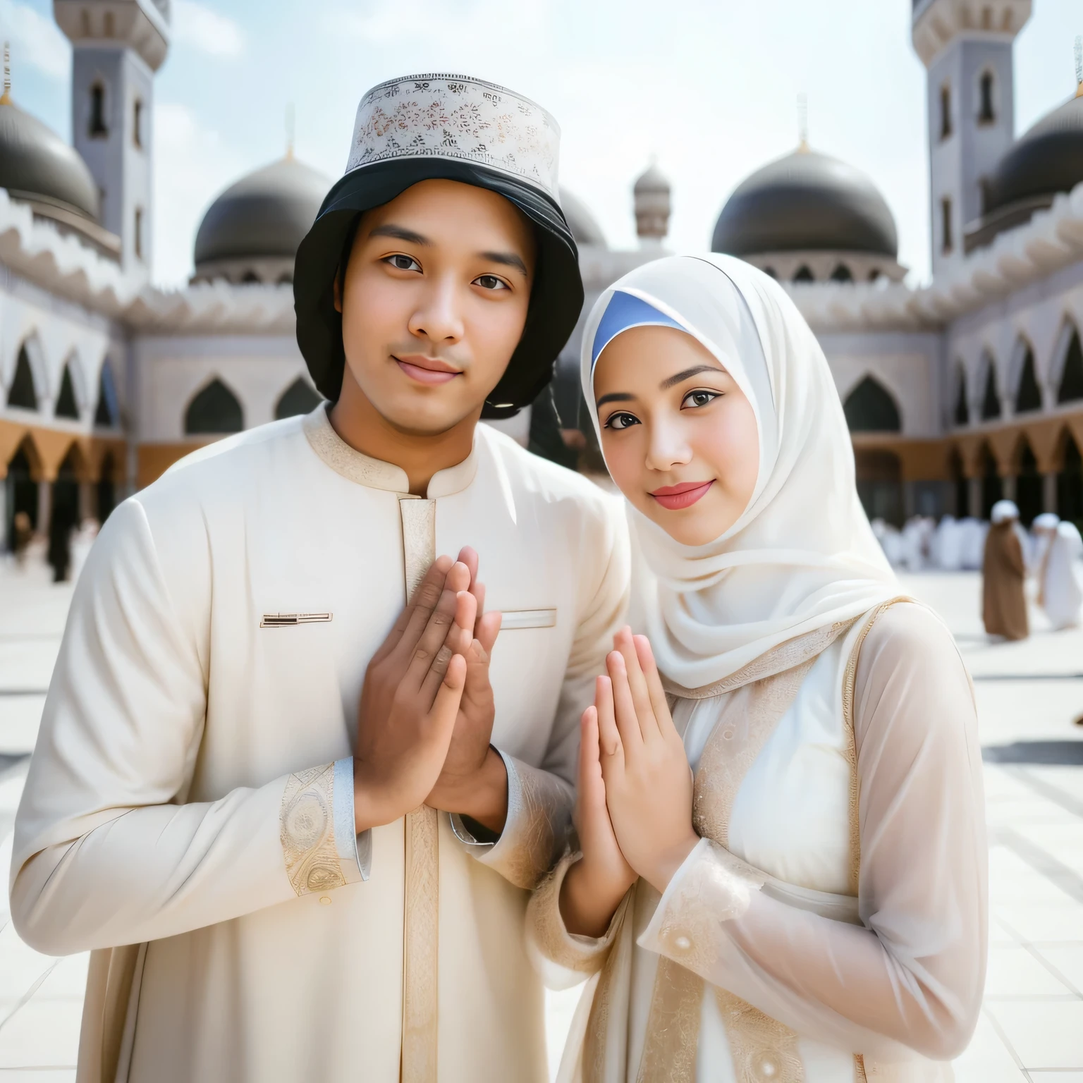 muslim couple in front of a mosque with hands together, muslim, profile picture 1024px, lovely couple, portrait shot, happy couple, couple, couple pose, wearing authentic attire, islam, islamic, wearing traditional garb, couples portrait, indonesian, couple portrait, traditional clothes, inspired by Basuki Abdullah, fanart, a colorized photo, wearing white cloths