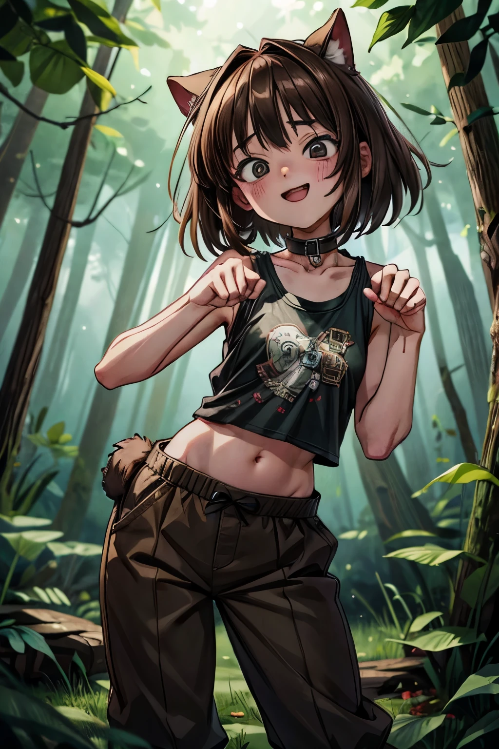 ((Masterpiece)), (Anime:1.5), ((best quality)), (RAW photo:1.2), (High Definition:1.3), (Professional Photography:1.2), (glowing light), 1girl, (()), (very smug), open mouth, looking at viewer, (slightly exposed navel), (oversized tanktop), barearms, unruly hair, medium hair, (collar around the neck), pale brown hair, (small breast), cute hip, (loose Boxer pants), BREAK, ((best quality)), (paw pose:1.4), (inside the creepy forest),