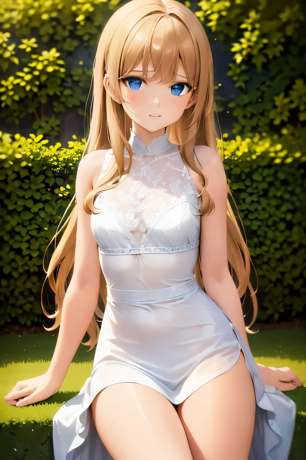 A girl with flowing golden hair and mesmerizing blue eyes, wearing an elegant white dress, standing in the midst of a vibrant garden filled with blooming flowers and lush greenery. The sunlight gently illuminates her delicate features, casting a soft glow on her flawless skin. She holds a delicate butterfly in her hand, while a gentle breeze swirls around her, causing the flowers to dance in harmony. The scene is captured in a breathtaking oil painting, with every detail meticulously crafted to create a masterpiece. The colors are vibrant and vivid, with a hint of ethereal pastel tones, giving the artwork a dreamlike quality. The lighting is soft and diffused, creating a serene and tranquil ambiance. The high-resolution image showcases the artist's impeccable skill, capturing every intricate detail with precision. The overall atmosphere exudes a sense of beauty, grace, and enchantment. The artwork is reminiscent of classical portraits, with a touch of fantasy and whimsy, evoking emotions of wonder and awe.
