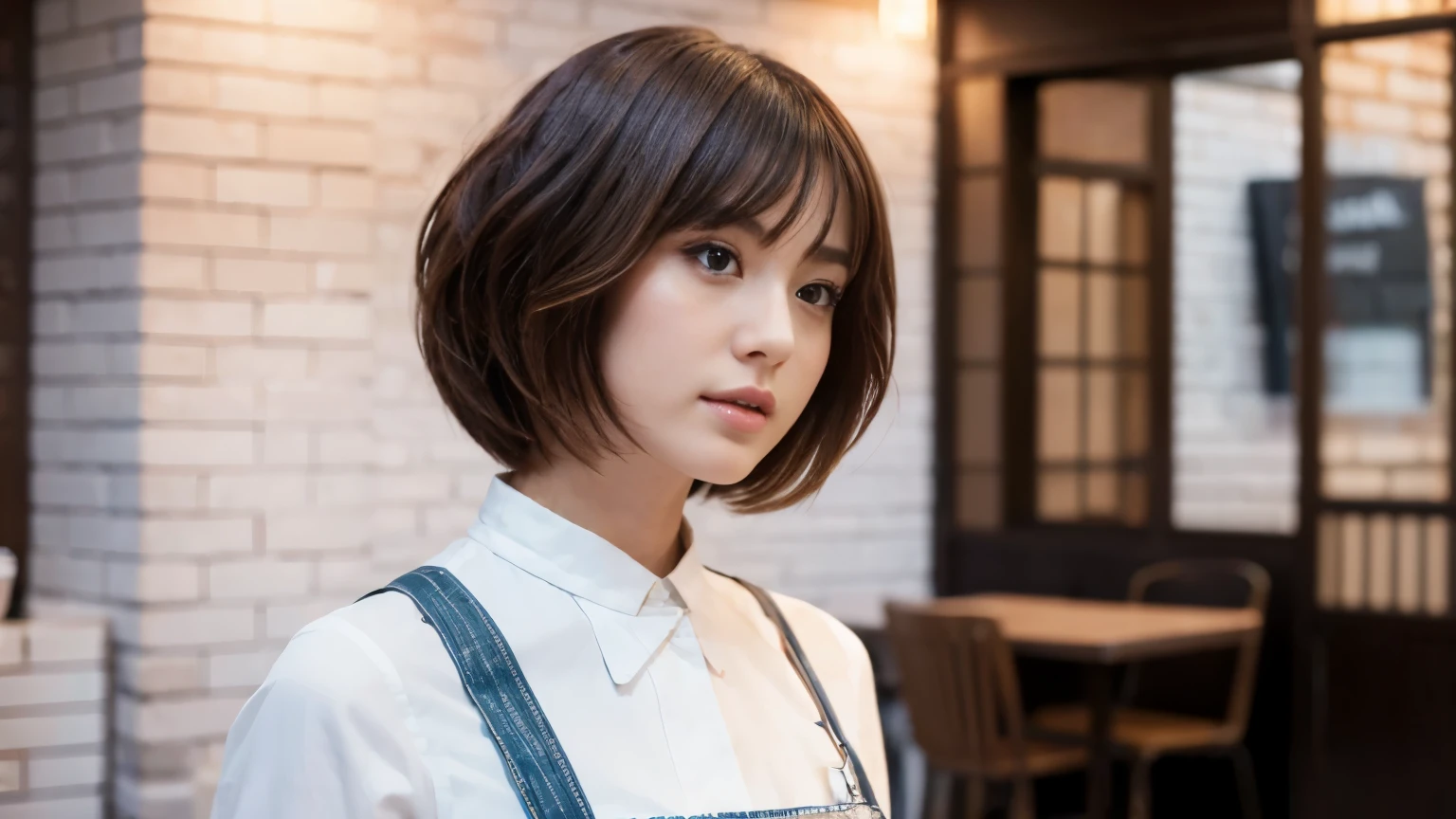 Realistic Woman Beauty Salon Model Realistic White Brick Background Bob Style Hairstyle Japanese、Inside the cafe