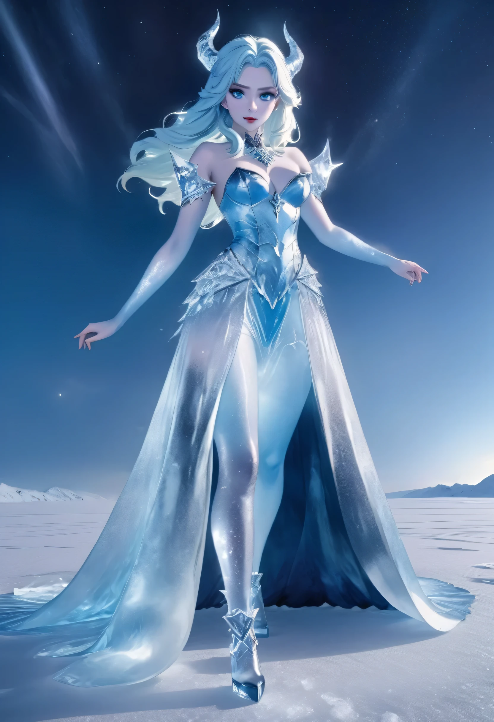 (8k, highest quality, masterpiece: 1.2), (realistic, realistic: 1.37), Super detailed, ((an ice female sexy demon:1))、Standing in the frozen snow field、Witch wearing pale armor, ((sexy costume:1)), SEXY female devil, ((aurora in the night sky)),  ((pale blue skin:1))