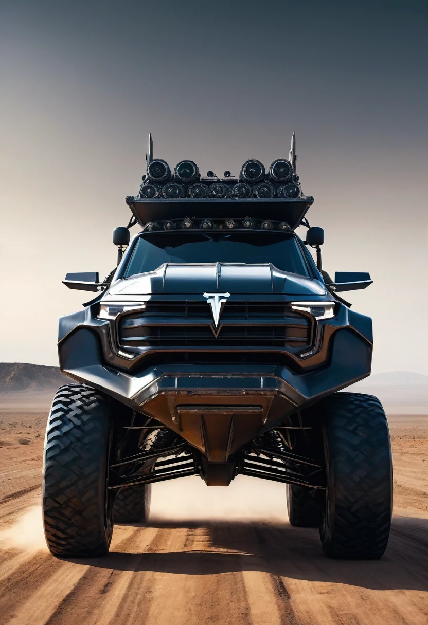 off-road vehicle, sujo de lama, enferrujado, estilo madmax, espinhos de ferro por toda lataria, futurista, Pintura reflexiva, semelhante a o tesla truck, long front hood, Vidros transparentes, rodas grandes e brilhantes, ultrarrealista, 8k, noite, dentro de uma garagem com paredes de metal preta, apocalipse, There is a girl dressed in madmax style and wearing sunglasses sitting inside the vehicle.