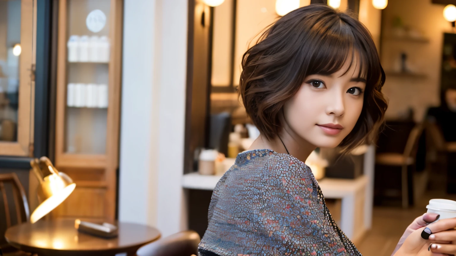 Realistic female beauty salon model,　bob style hairstyle japanese、Inside the cafe