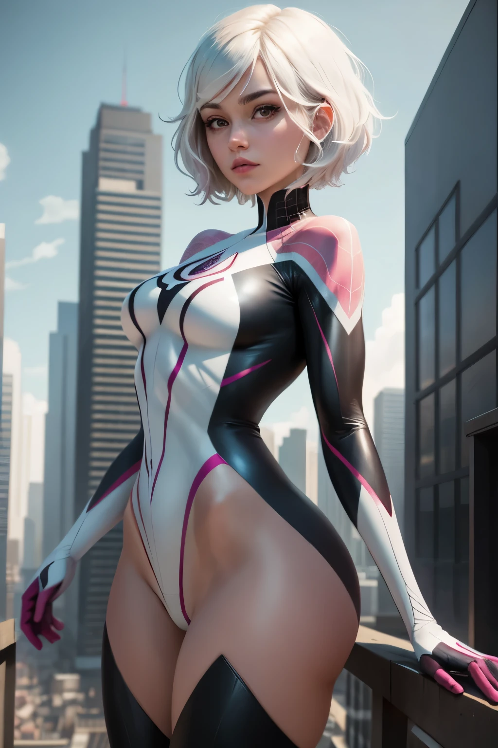 Girl in her 20s, spider Gwen suit, short hair, forest of buildings, roofs, masterpieces, intricate details, perfect anatomy