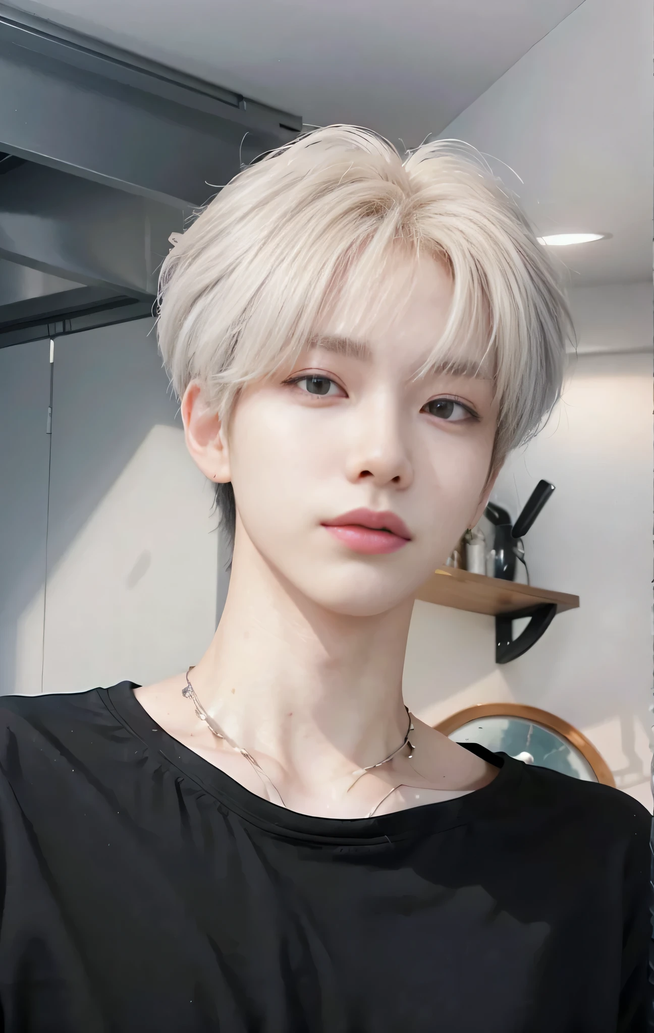 um close up de uma pessoa com um cabelo branco e uma camisa preta, cai xukun, com cabelos longos brancos, cabelo prateado (rabo de cavalo), inspirado em jeonseok lee, cabelos brancos como nuvens, com longos cabelos brancos, kpop idol portrait, Kim Doyoung, pintar ulzzang, realista. Cheng Yi, inspirado em Bian Shoumin