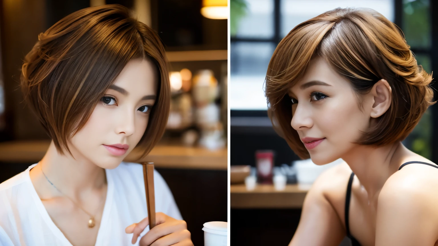 Realistic female beauty salon model, bob style hairstyle japanese、Inside the cafe