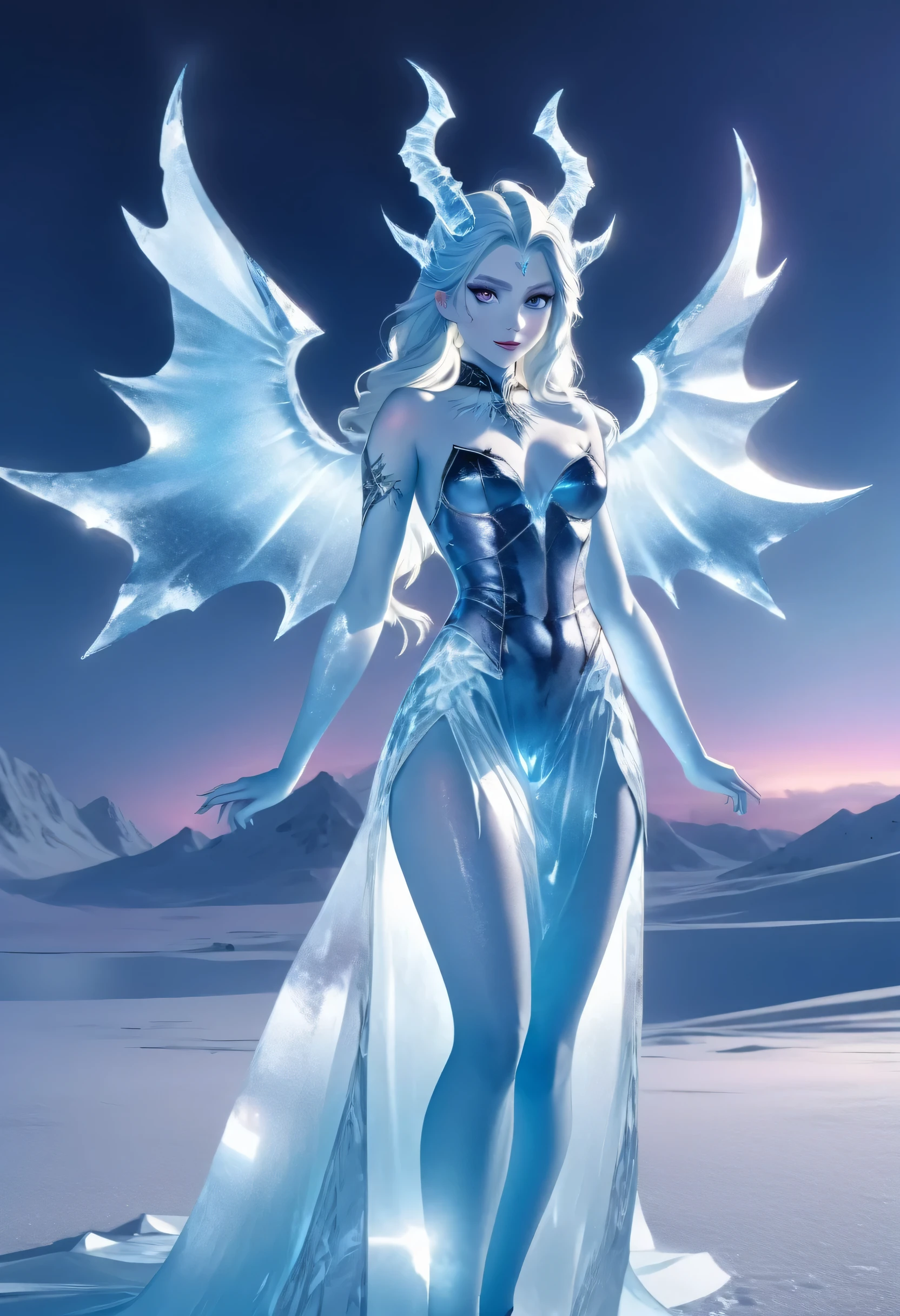 (8k, highest quality, masterpiece: 1.2), (realistic, realistic: 1.37), Super detailed, ((an ice female sexy demon:1))、Standing in the frozen snow field、Witch wearing pale armor, ((sexy costume:1)), SEXY female devil, ((aurora in the night sky)),  ((pale blue skin:1))