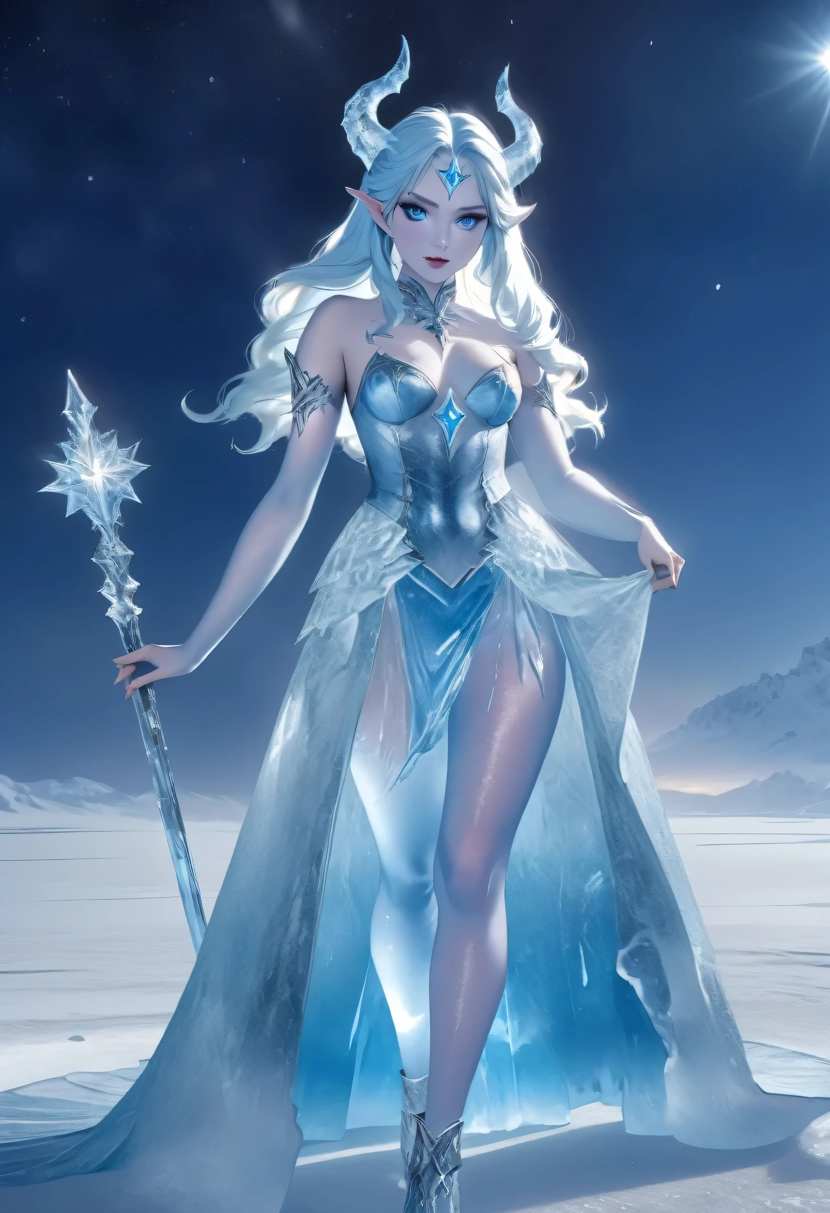 (8k, highest quality, masterpiece: 1.2), (realistic, realistic: 1.37), Super detailed, ((an ice female sexy demon:1))、Standing in the frozen snow field、Witch wearing pale armor, ((sexy costume:1)), SEXY female devil, ((aurora in the night sky)),  ((pale blue skin:1))