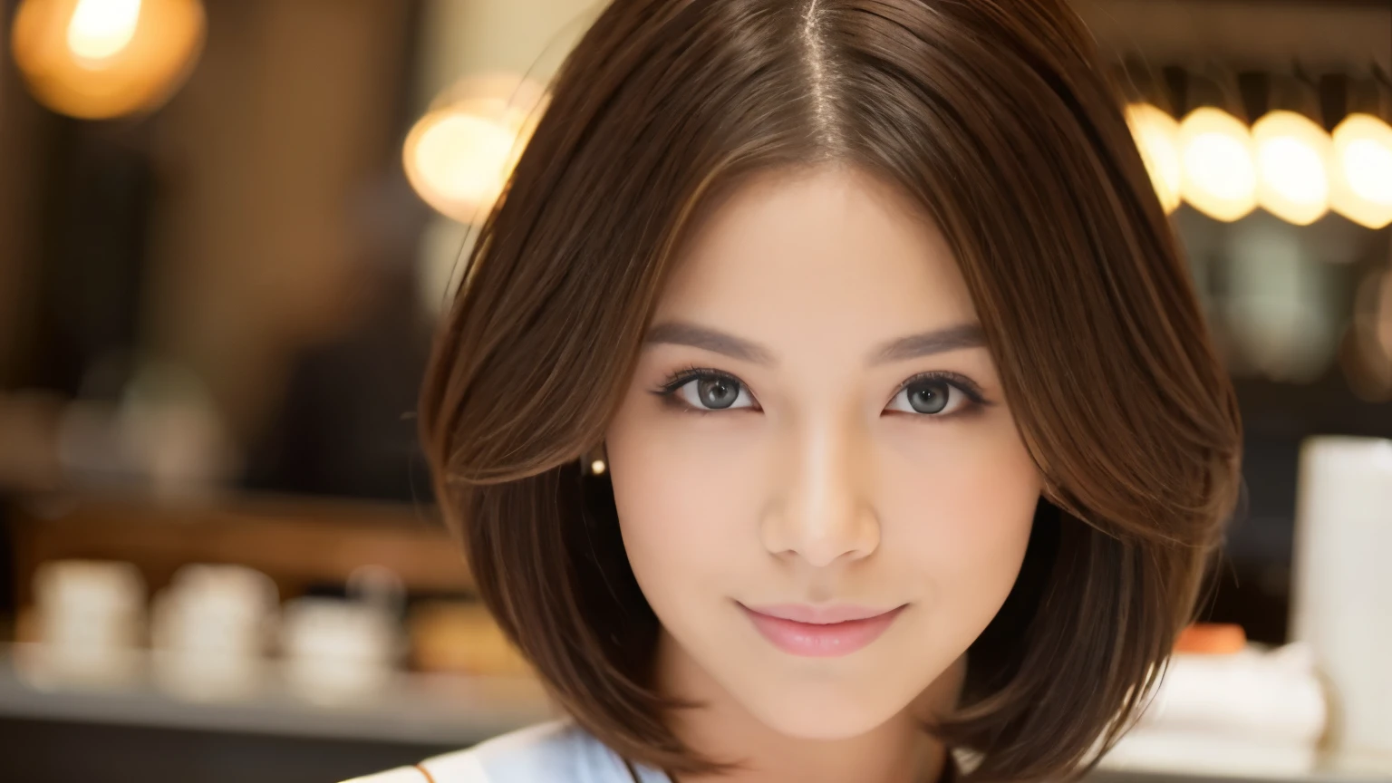 Realistic female beauty salon model,　bob style hairstyle japanese、Inside the cafe