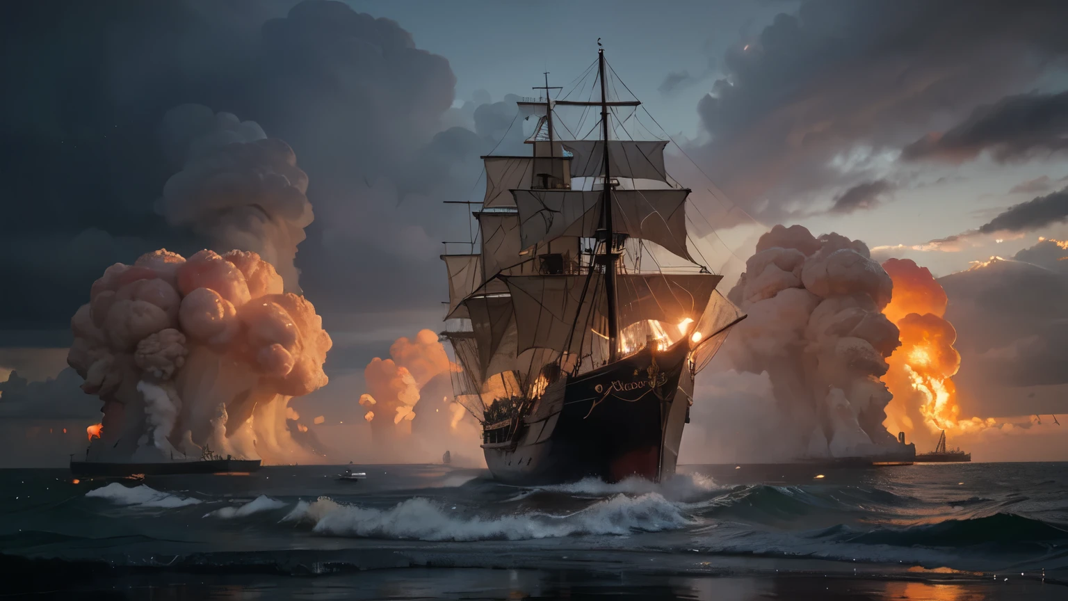 Pirate Ship in a red firey storm