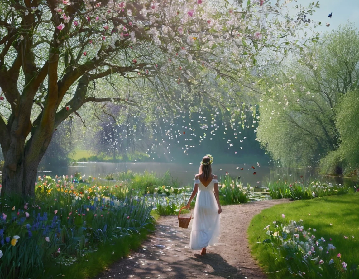 (best quality,4k,8k,highres,masterpiece:1.2),ultra-detailed,(realistic,photorealistic,photo-realistic:1.37),bright sunlight,warm sunlight,refreshing air,spring blossoms,green meadows,freshly blooming flowers,glistening dewdrops,intricate details,lively scene,vibrant colors,gentle breeze,songbirds' chirping,serene atmosphere,A girl walking in a picturesque garden, wearing a flowing white dress,joyful expression,graceful steps,flower crown on her head,holding a basket with freshly picked flowers,beautiful detailed eyes,beautiful detailed lips,long eyelashes,peaceful background,blue sky with scattered clouds,trees filled with pink cherry blossoms,colorful butterflies fluttering around,playful squirrels climbing the trees,delicate petals floating in the air,sunlight streaming through the branches and casting patterns on the ground,tranquil pond with water lilies,birds drinking water from the pond,sunlight reflecting on the water surface,subtle ripples on the calm water,soft sound of a nearby waterfall,distant sound of rustling leaves,overwhelming sense of tranquility and natural beauty,artistic interpretation,stunning visual perspective,impressionistic painting style,with a touch of realism,blending nature and human presence,magical and dream-like ambiance,overflowing with the beauty of spring.