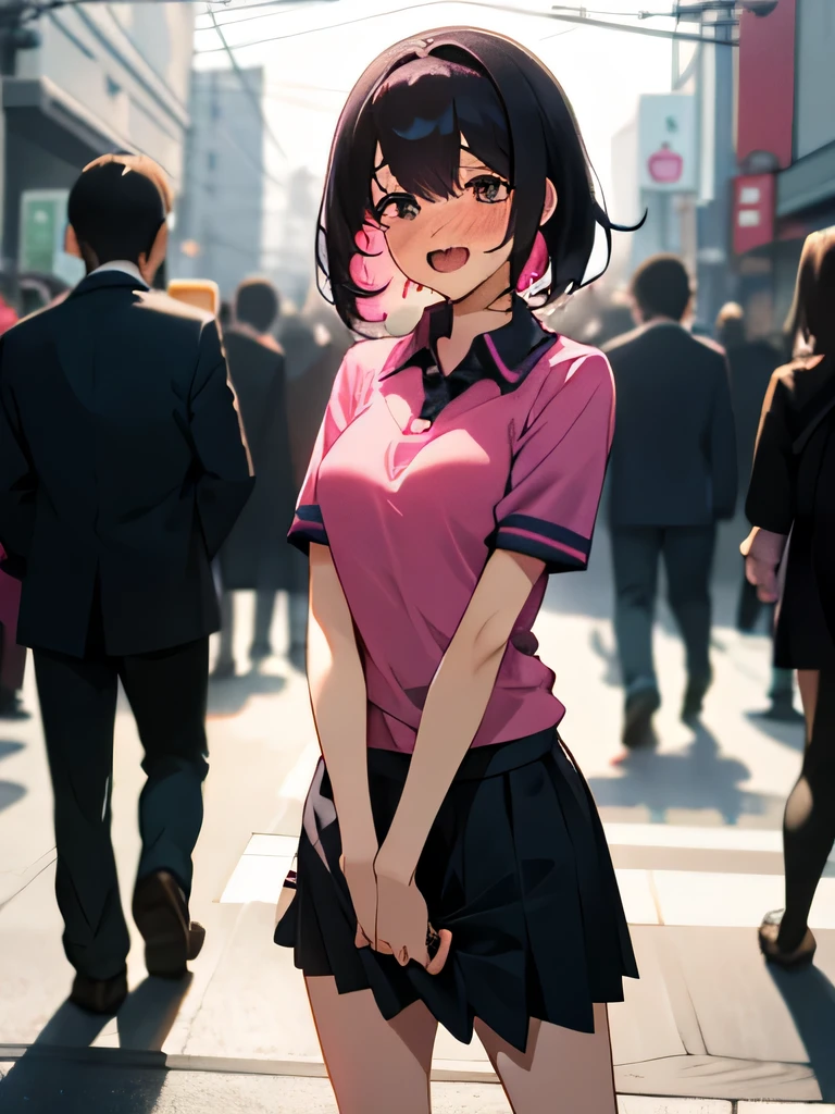 No bra, lower body, Japanese, very short, pubic hair, beautiful breasts, embarrassed, shyness, worries, beautiful breasts, black hair, standing, arms, magenta polo shirt, skirt, small breasts, no panties ((lift the skirt yourself)))、(I lifted it myself)、panties on、panties focus、blush、looking at the viewer、semi body shot、(a large crowd gathers)、(on the streets of tokyo)、(((Get excited and show off your genitals )))